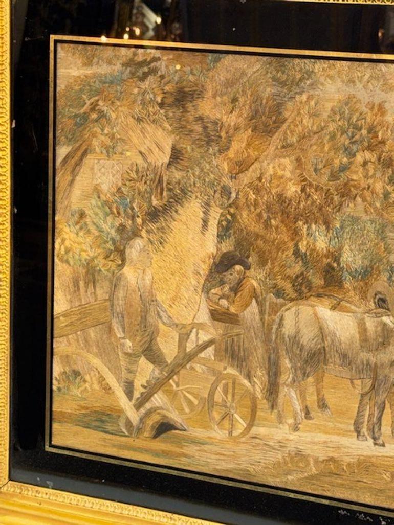 19th Century English Framed Silk Panel with Horses and Wagon For Sale 1