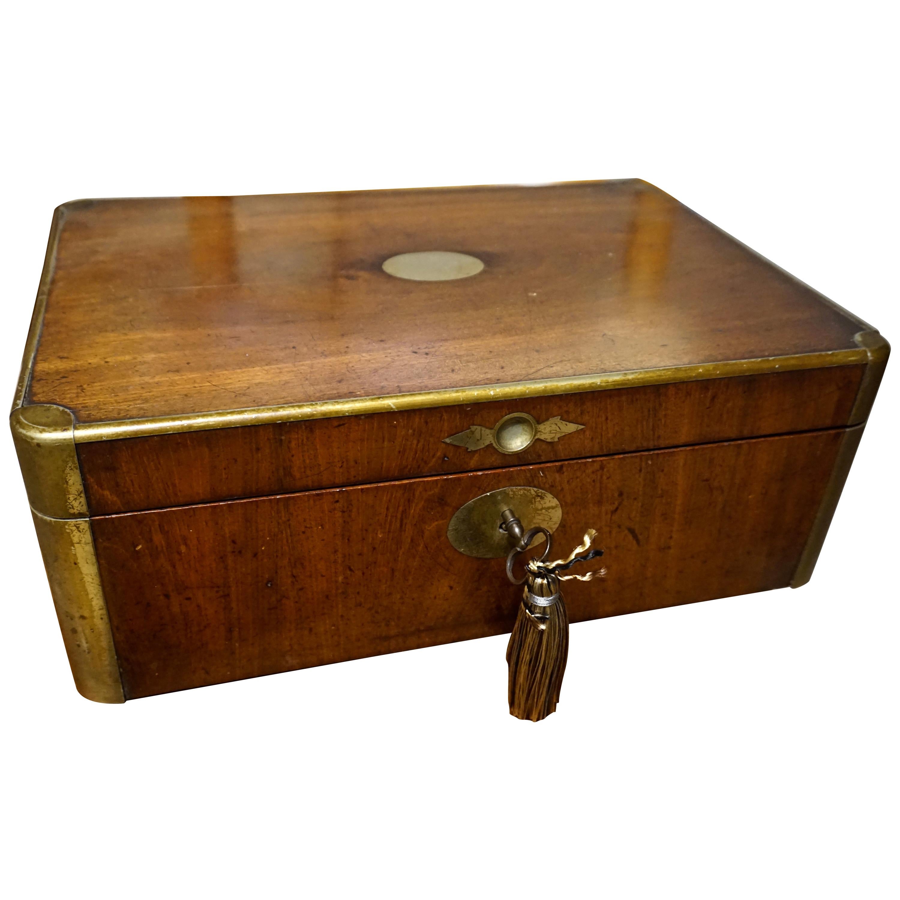 19th Century English Gentleman's Mahogany and Brass Campaign Jewelry Box For Sale