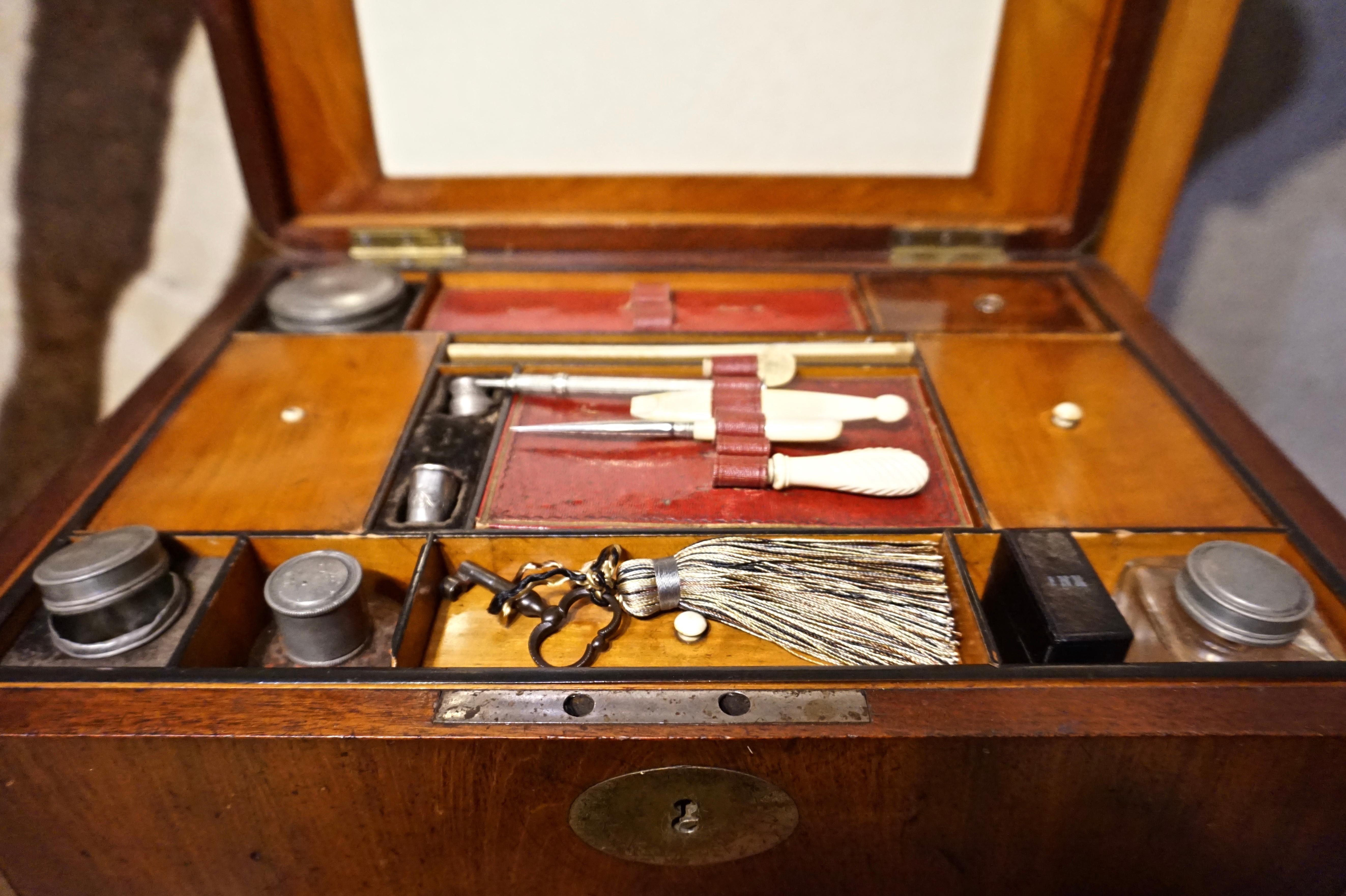 19th Century English Gentleman's Mahogany and Brass Campaign Jewelry Box For Sale 5