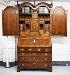 19th Century English George III Burr Walnut Bureau Bookcase