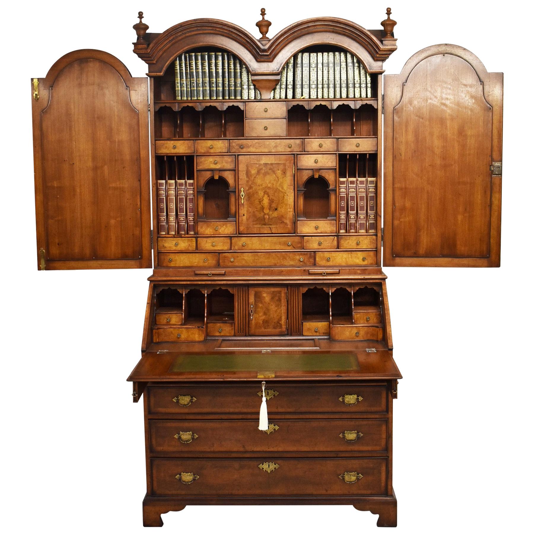 19th Century English George III Burr Walnut Bureau Bookcase