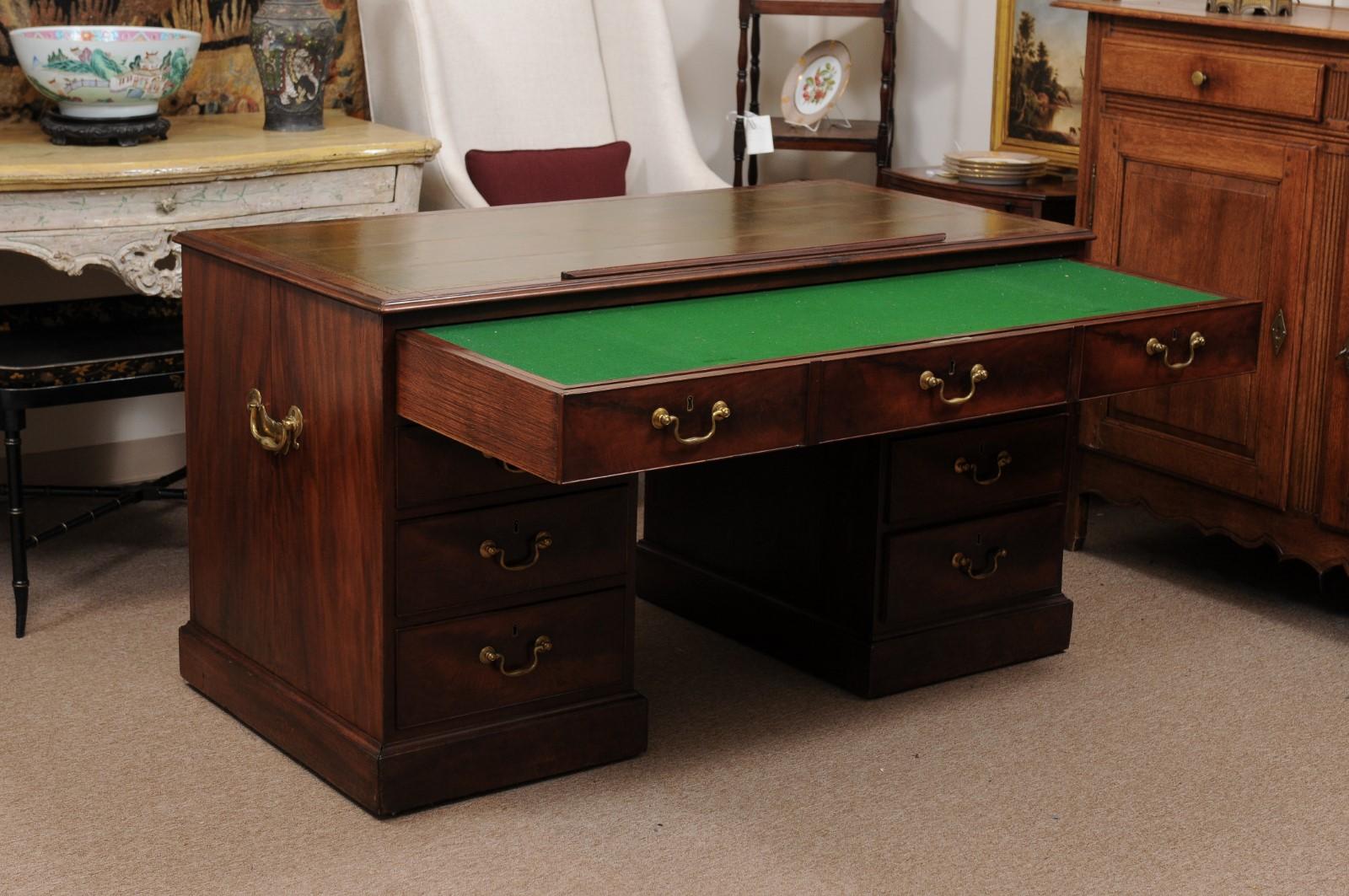 19th Century English George III Mahogany Architect’s Desk with Adjustable Green Leather Top