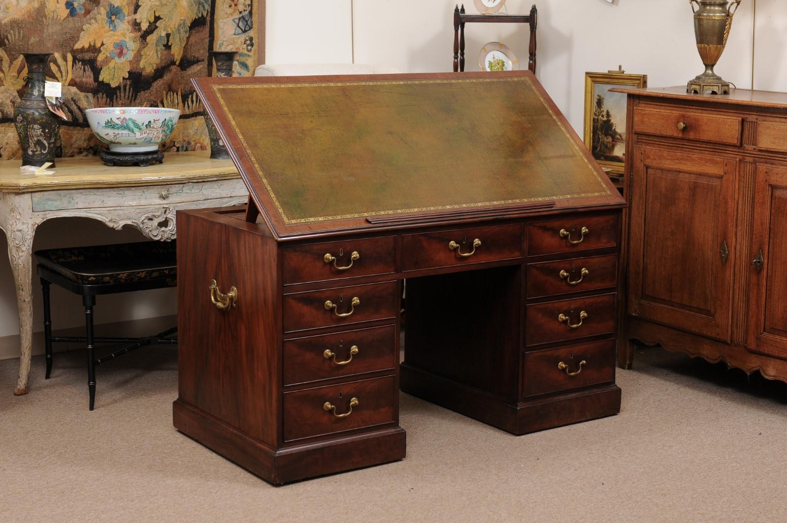 19th Century English George III Mahogany Architect’s Desk with Adjustable Green  For Sale 4