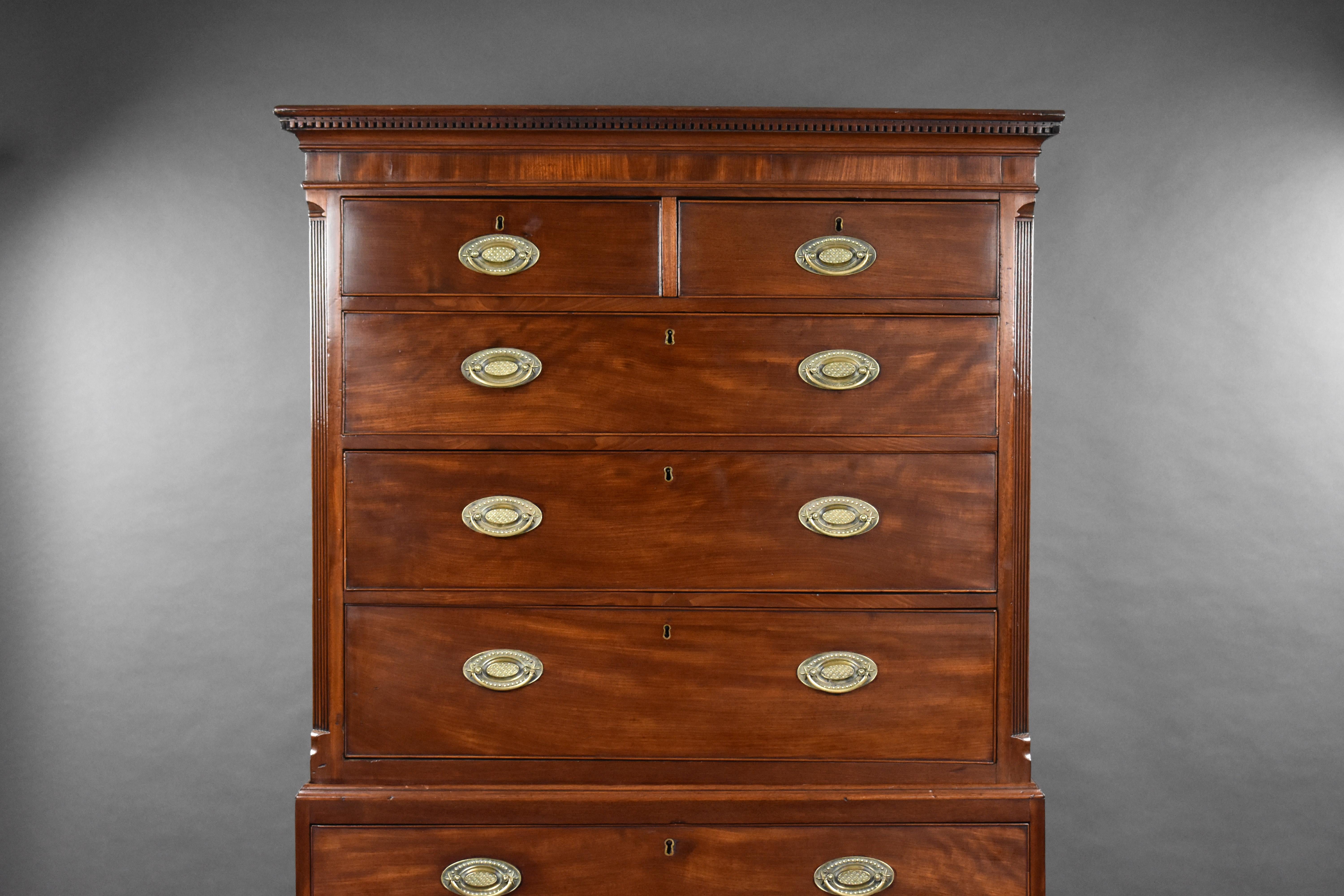 For sale is a good quality George III mahogany chest on chest, the top having five graduated drawers (two short over the long), above the base having a further three drawers, raised on bracket feet, the chest remains in very good condition for its