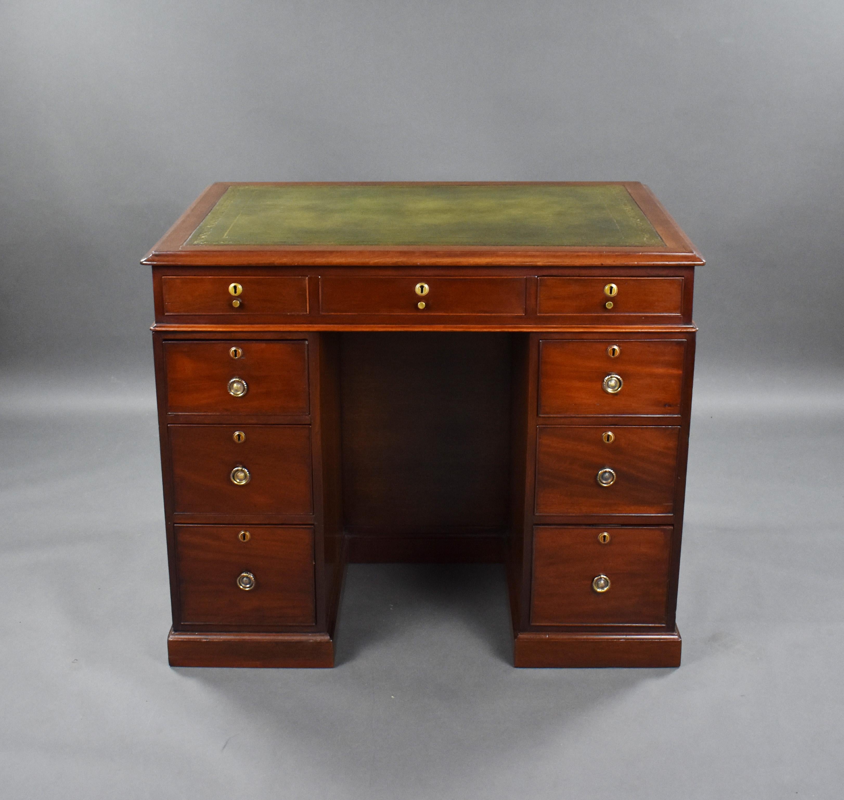 For sale is a good quality George III mahogany kneehole desk stamped Gillows. Having a green leather writing surface, decorated with gold tooling, above three drawers with brass knobs and escutcheons over a further three graduated drawers on either