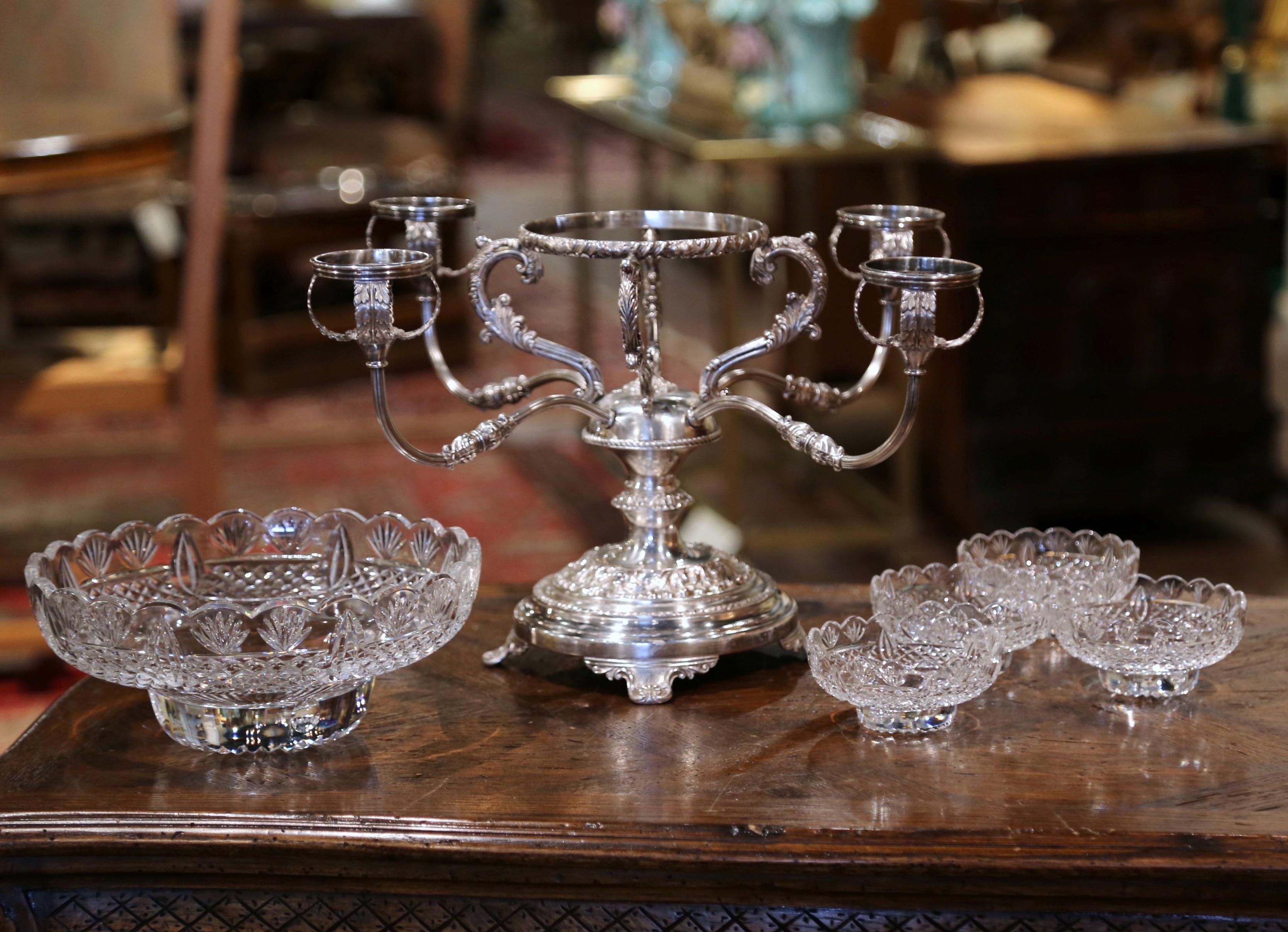 19th Century English George III Silver-Plated over Copper and Cut-Glass Epergne 1