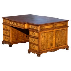 19th Century English George III Style Burled Walnut Partners Desk Leather Top