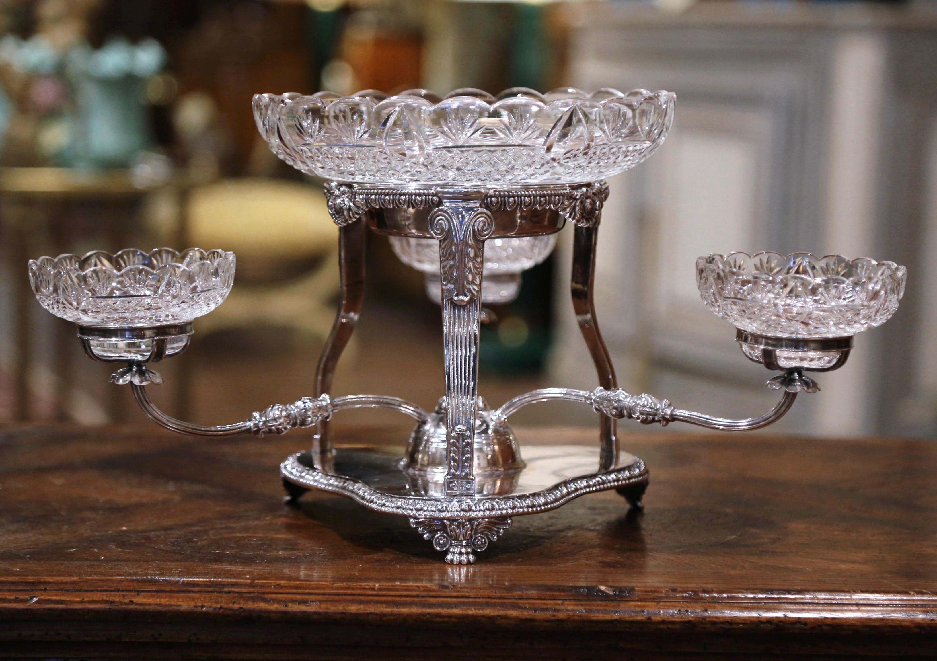 Silver Plate 19th Century English George III Style Silvered over Copper and Cut-Glass Epergne For Sale