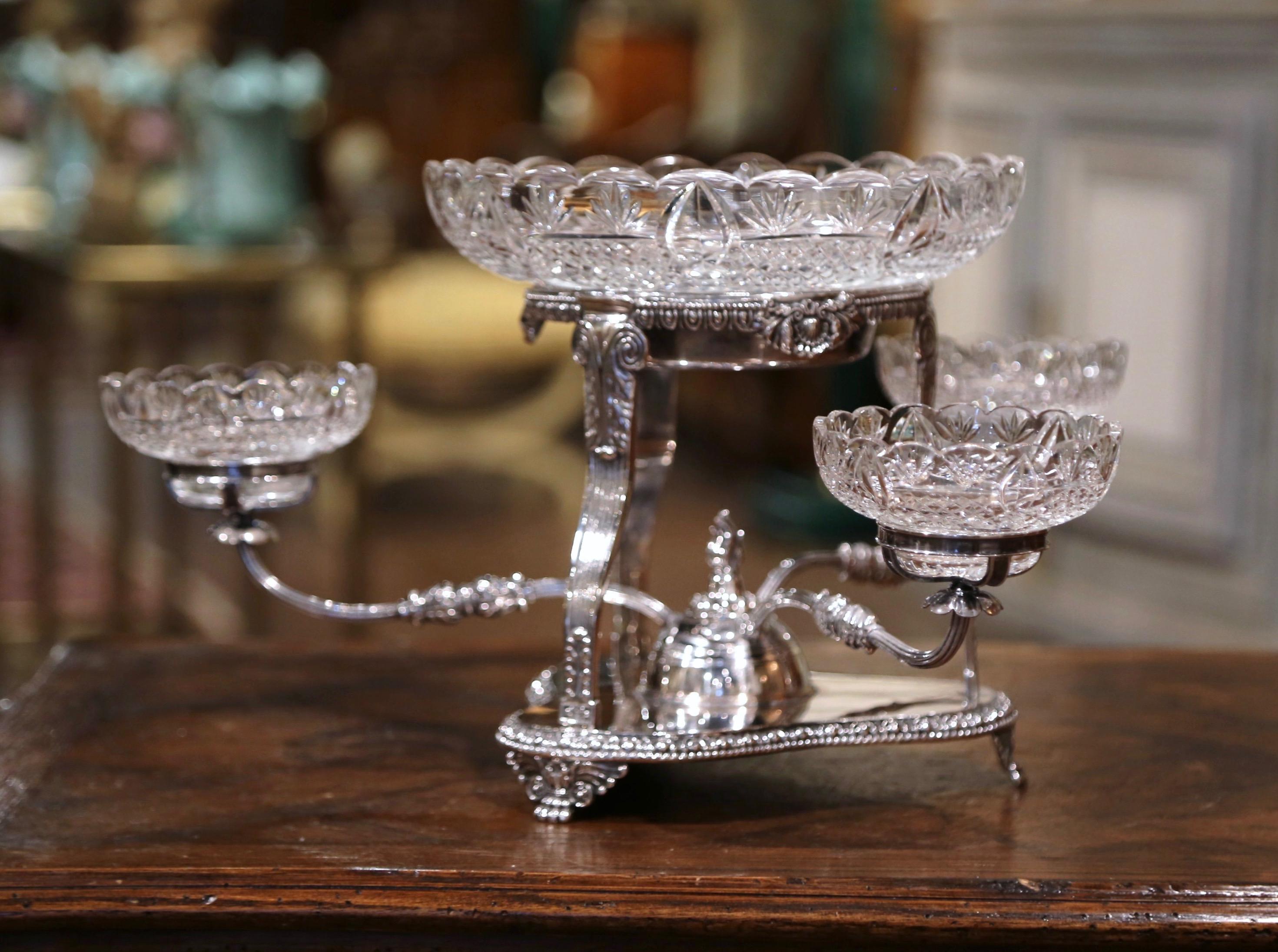 19th Century English George III Style Silvered over Copper and Cut-Glass Epergne For Sale 2