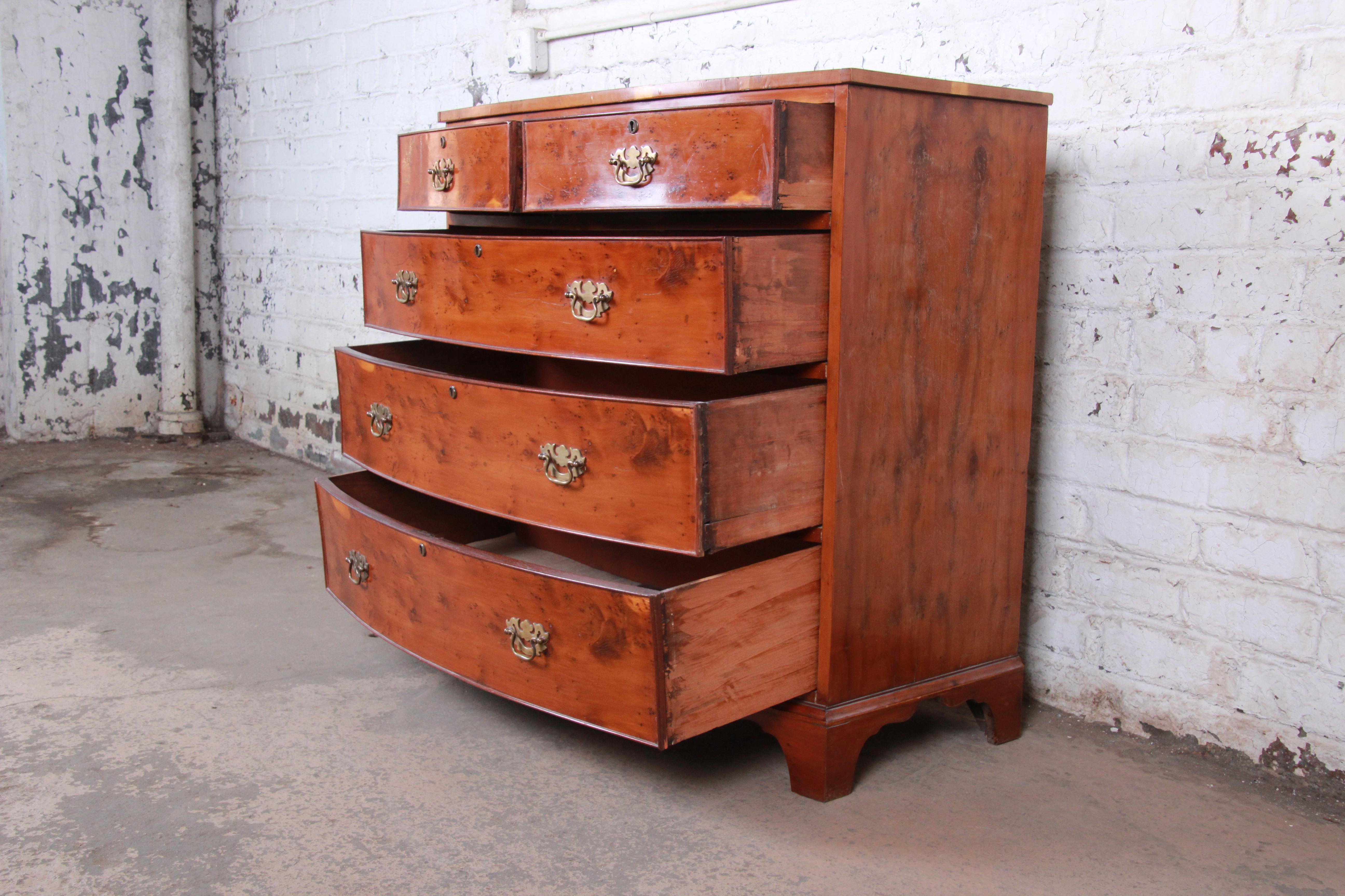 19th Century English Georgian Bow Front Yew Wood Five-Drawer Chest of Drawers 6
