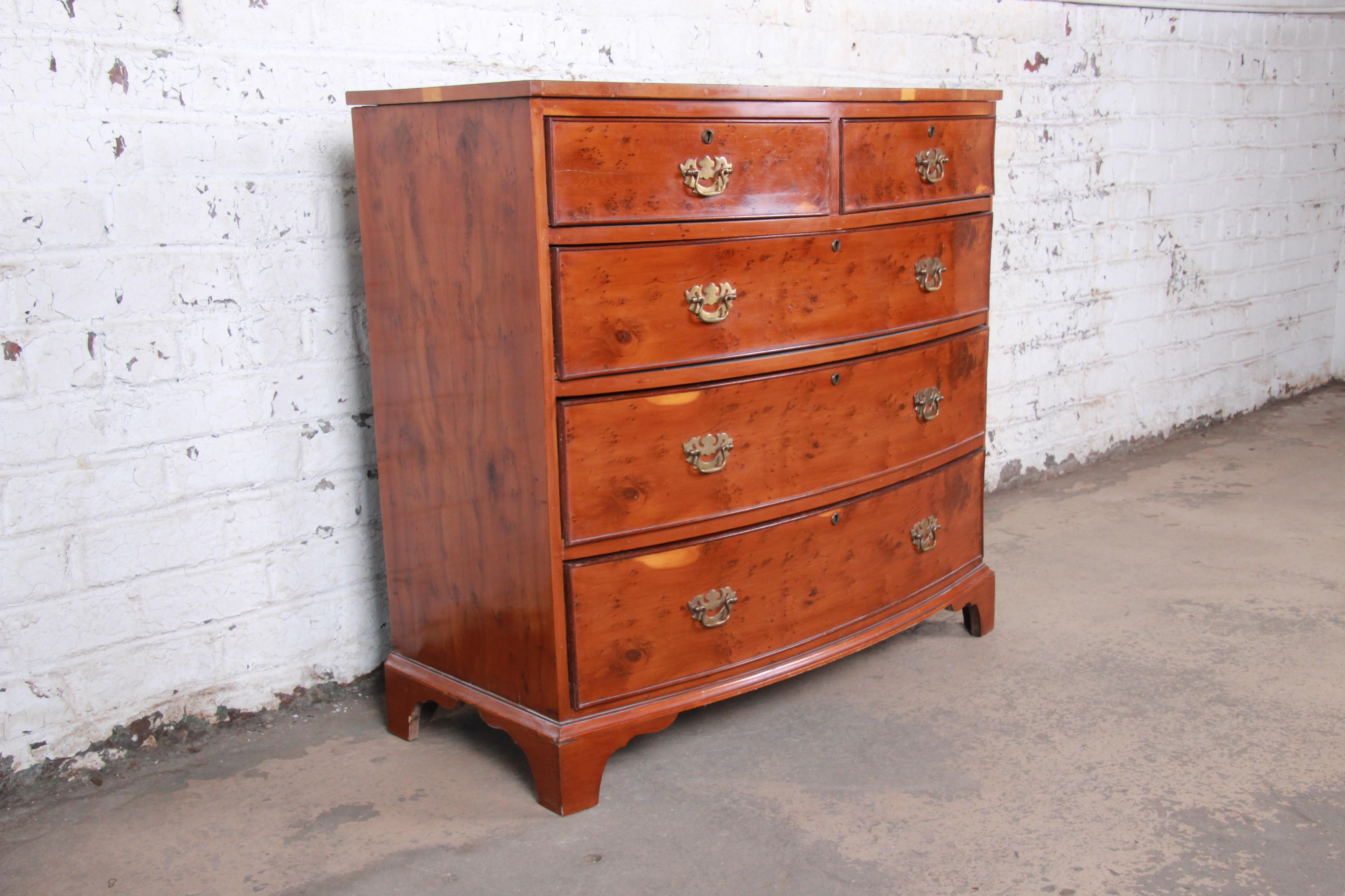 Brass 19th Century English Georgian Bow Front Yew Wood Five-Drawer Chest of Drawers