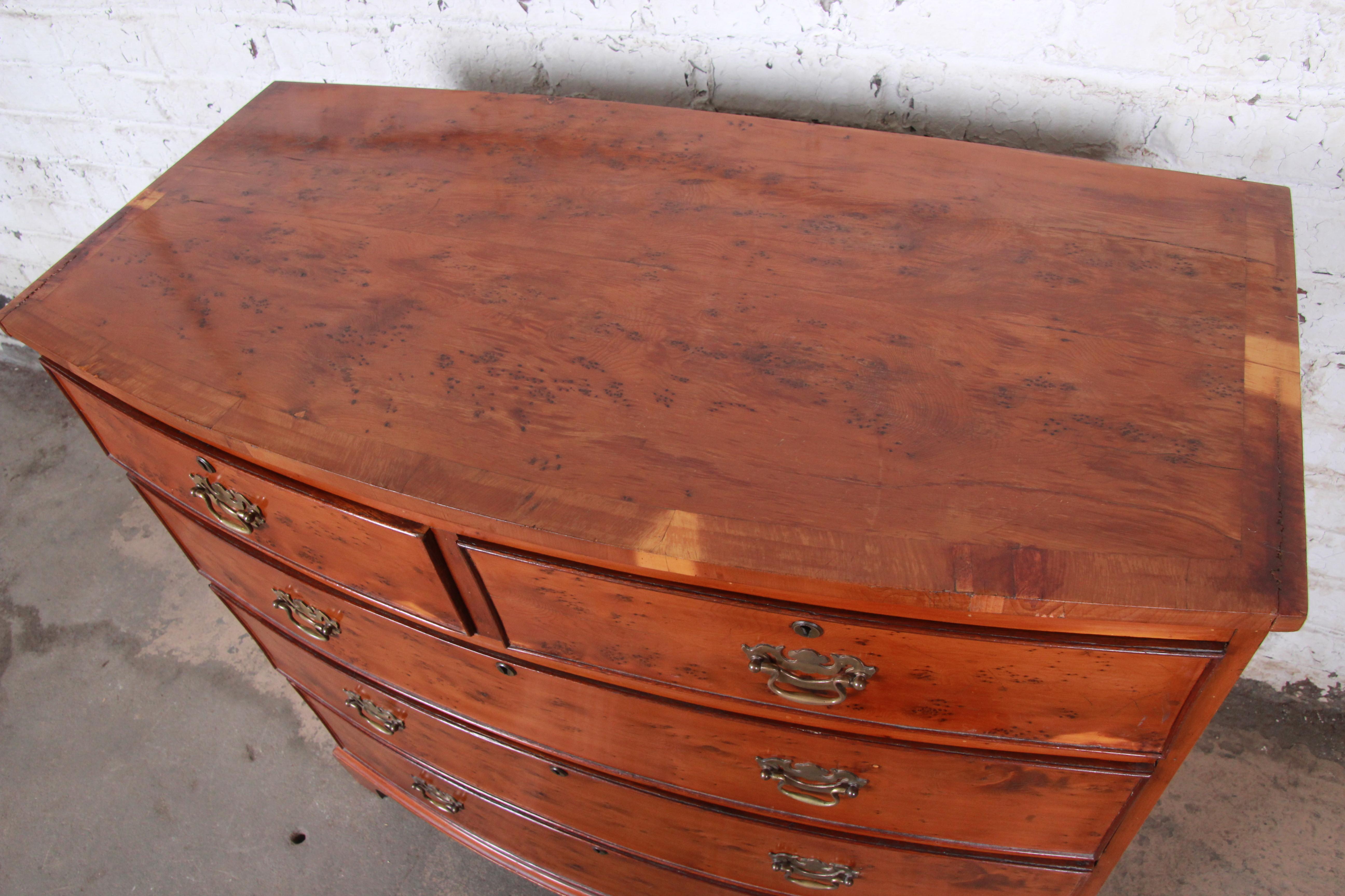 19th Century English Georgian Bow Front Yew Wood Five-Drawer Chest of Drawers 1