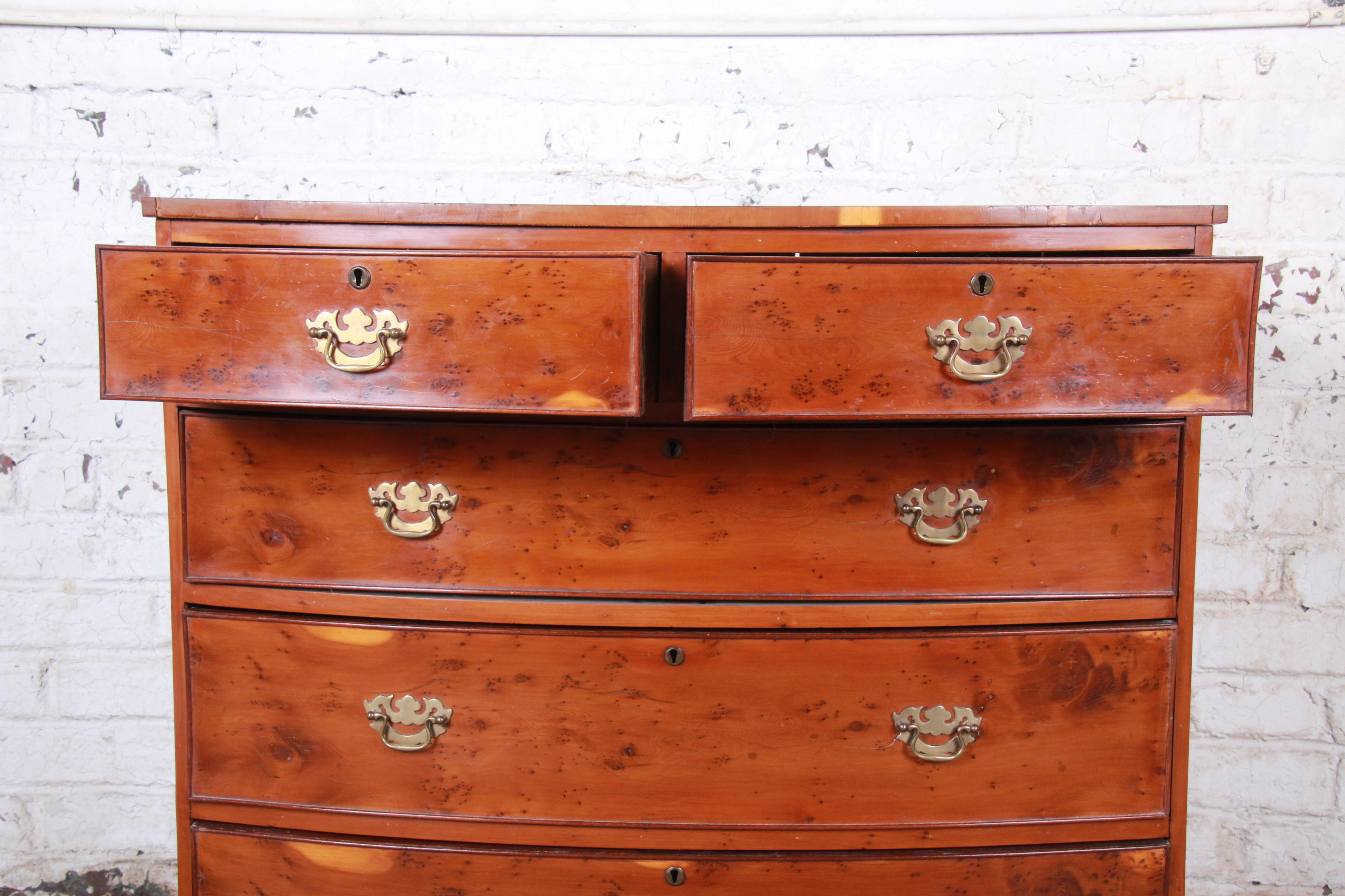 19th Century English Georgian Bow Front Yew Wood Five-Drawer Chest of Drawers 3
