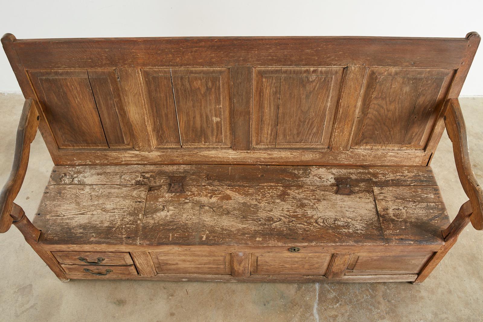 Iron 19th Century English Georgian Oak Box Settle Bench