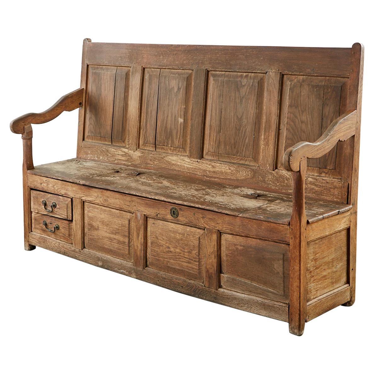 19th Century English Georgian Oak Box Settle Bench