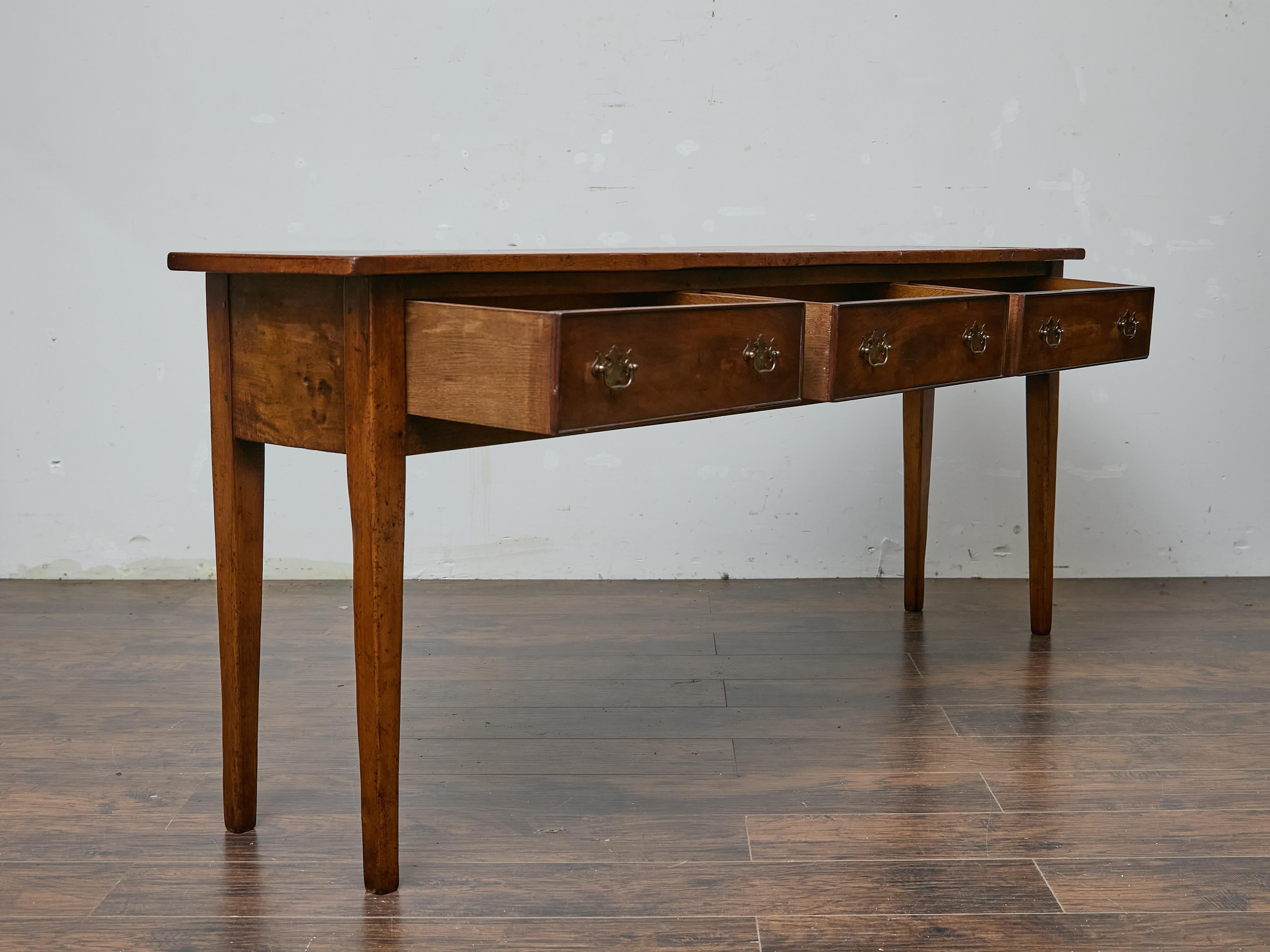 Brass 19th Century English Georgian Pine Server Table with Three Drawers
