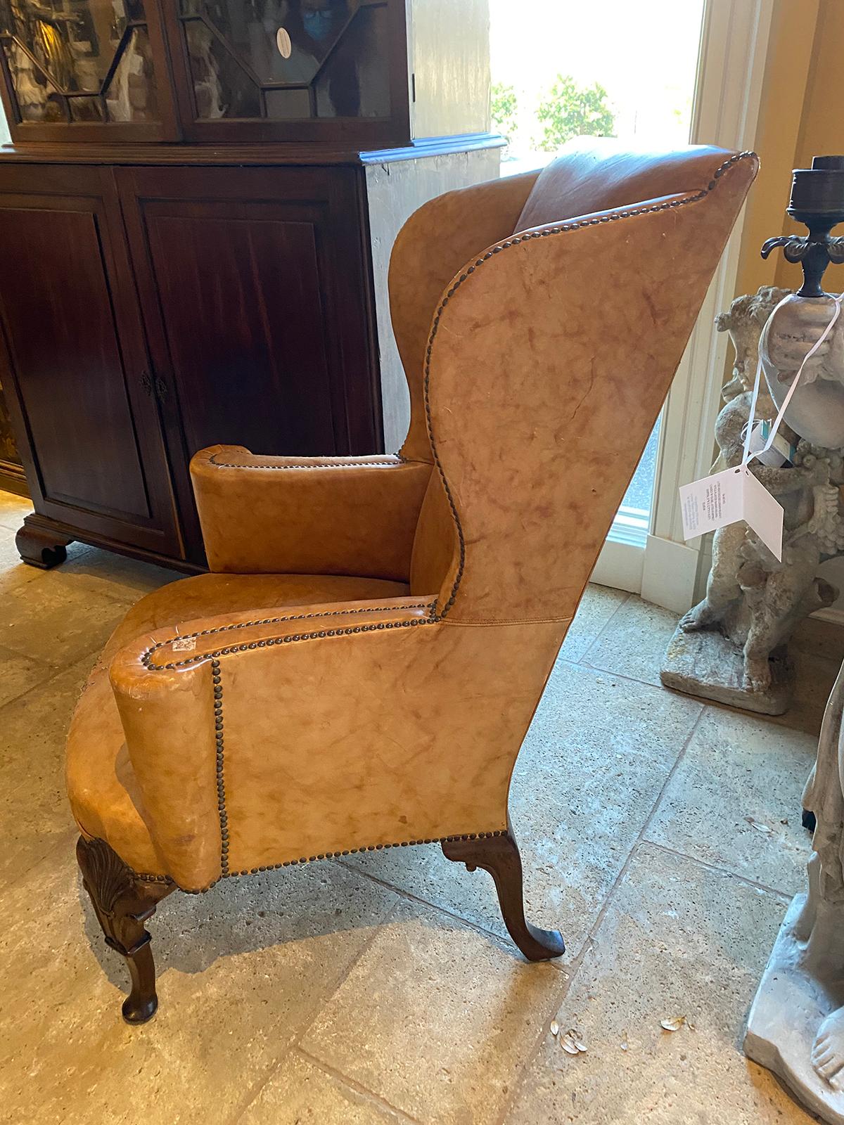 19th Century English Georgian Style Leather Wing Chair, Walnut Cabriole Legs For Sale 7