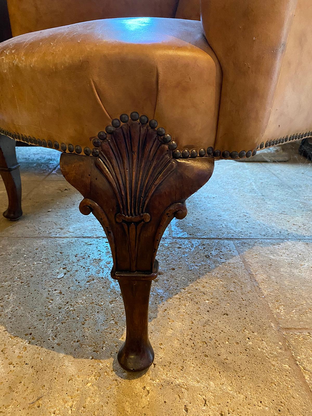 19th Century English Georgian Style Leather Wing Chair, Walnut Cabriole Legs For Sale 8