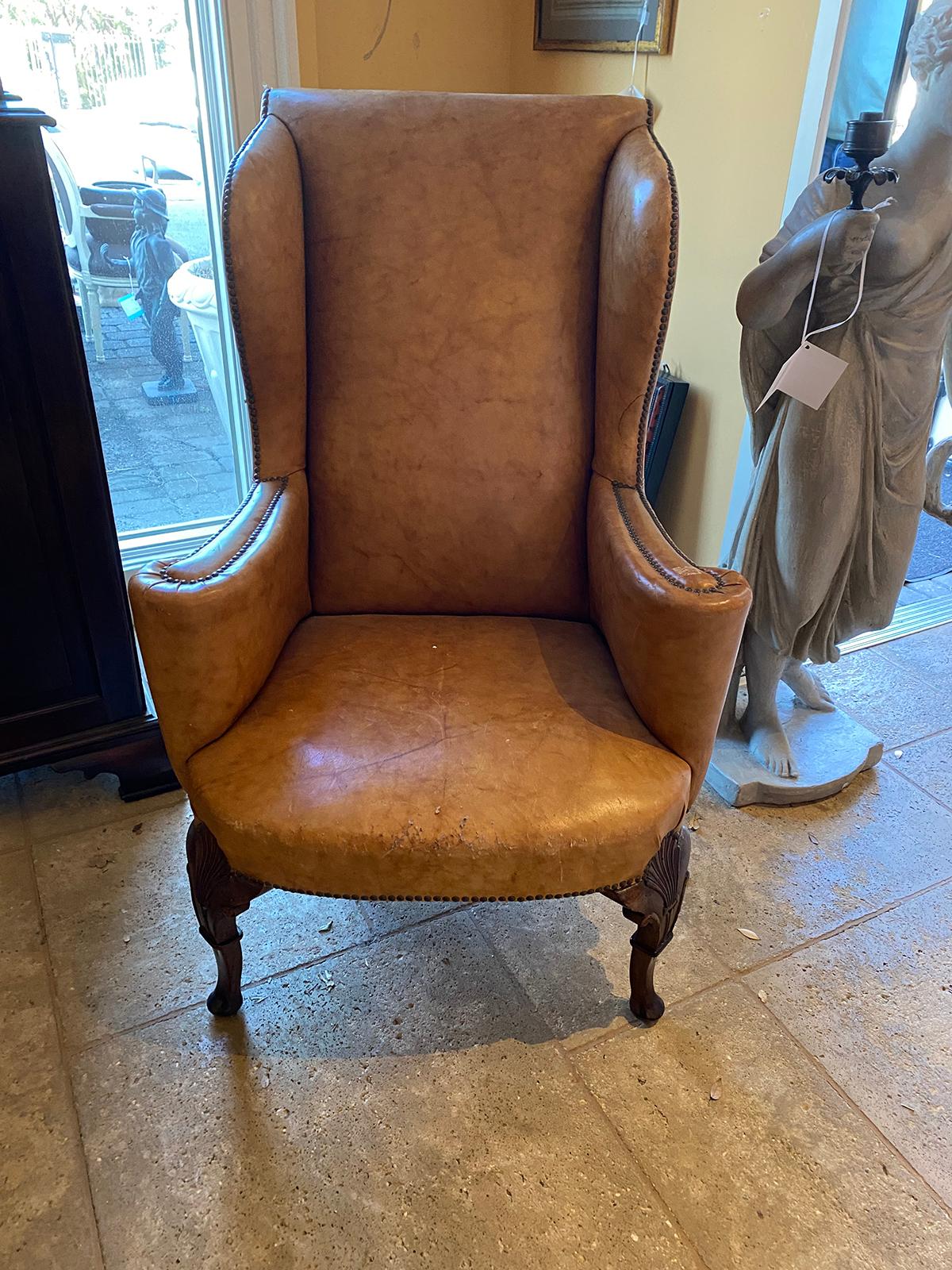 19th Century English Georgian Style Leather Wing Chair, Walnut Cabriole Legs For Sale 5