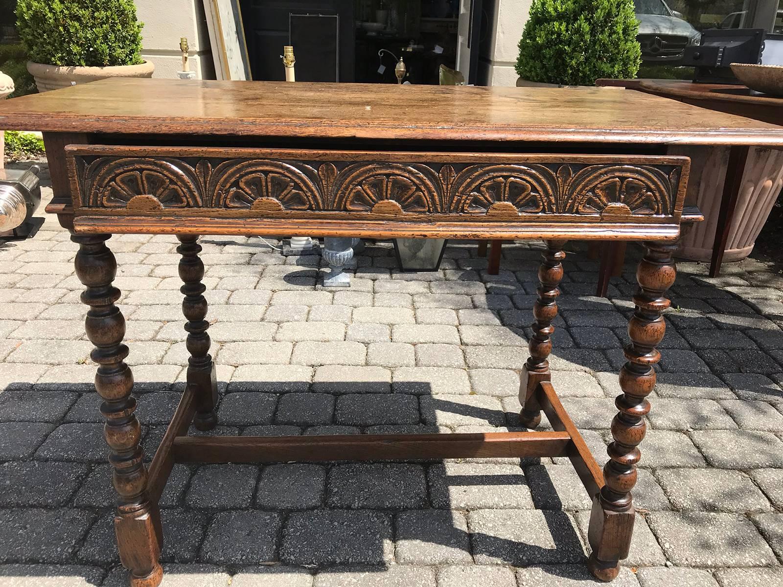 19th century English Georgian style oak writing/side table with drawers, great carving and patina.