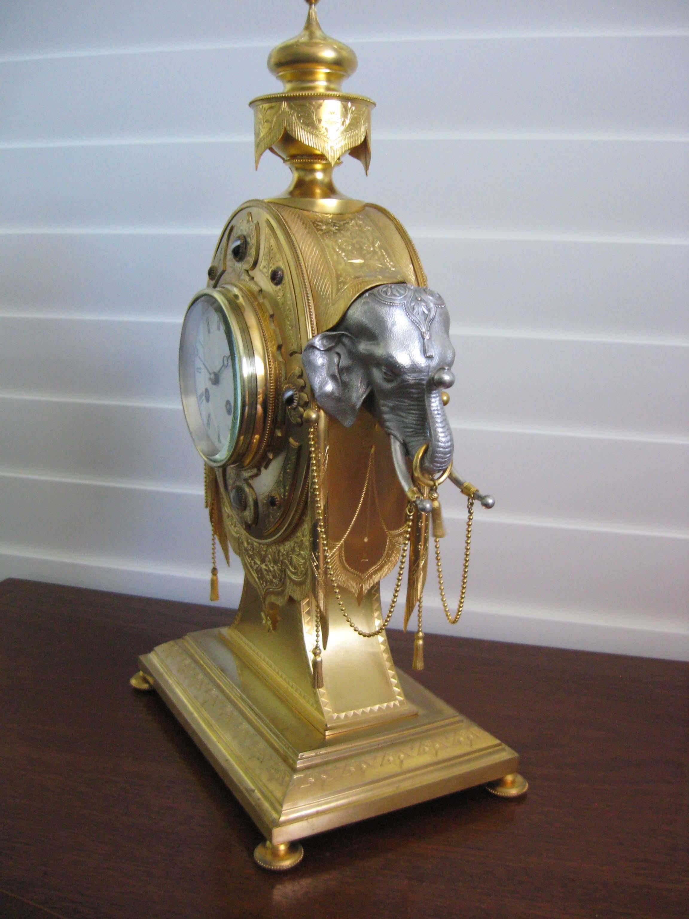 Beaded Gilt Bronze and Silver Elephant Clock, English, circa 1880 For Sale