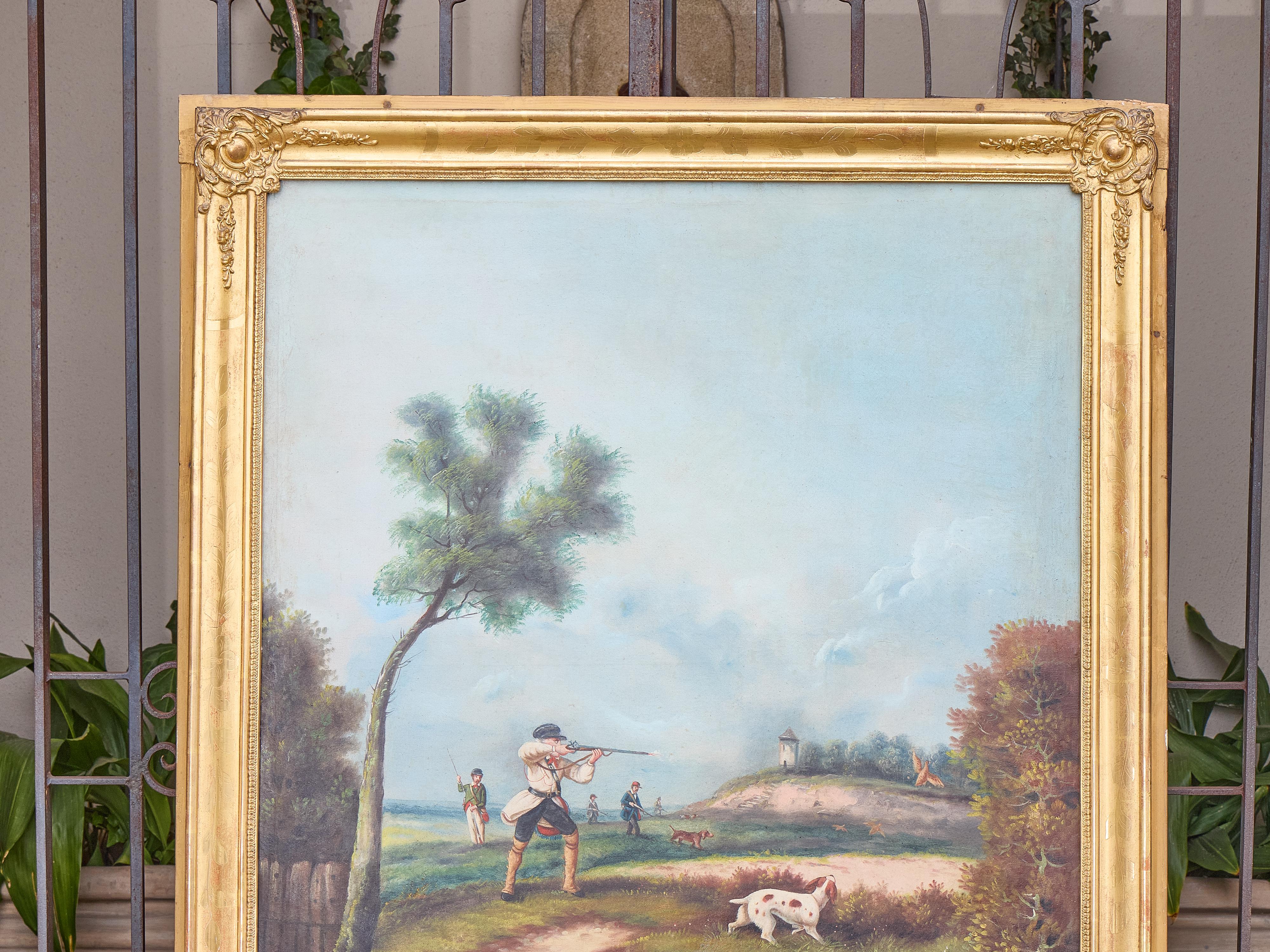 Inglese Specchio Trumeau dorato inglese del XIX secolo con dipinto ad olio con scene di caccia in vendita