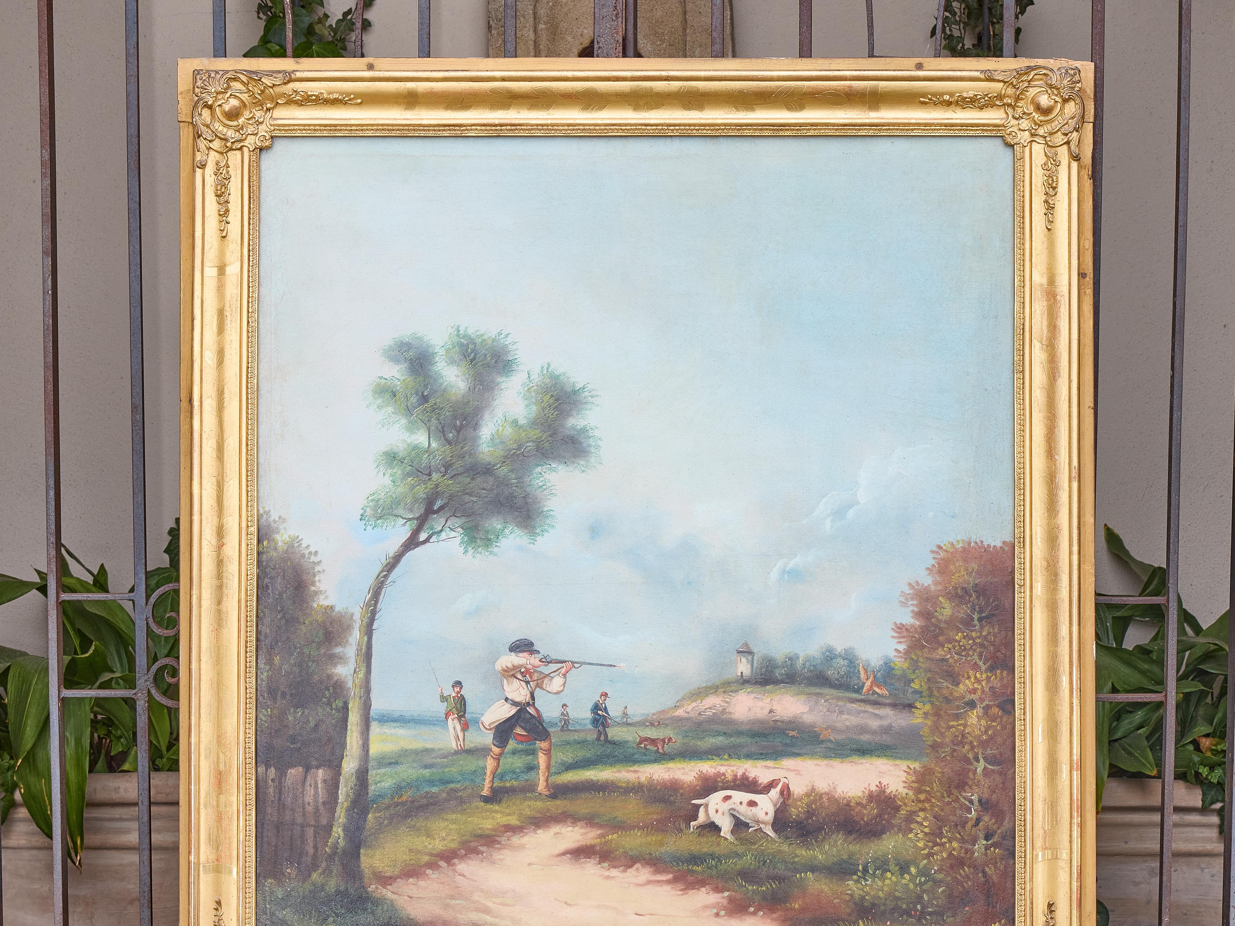 Intagliato Specchio Trumeau dorato inglese del XIX secolo con dipinto ad olio con scene di caccia in vendita