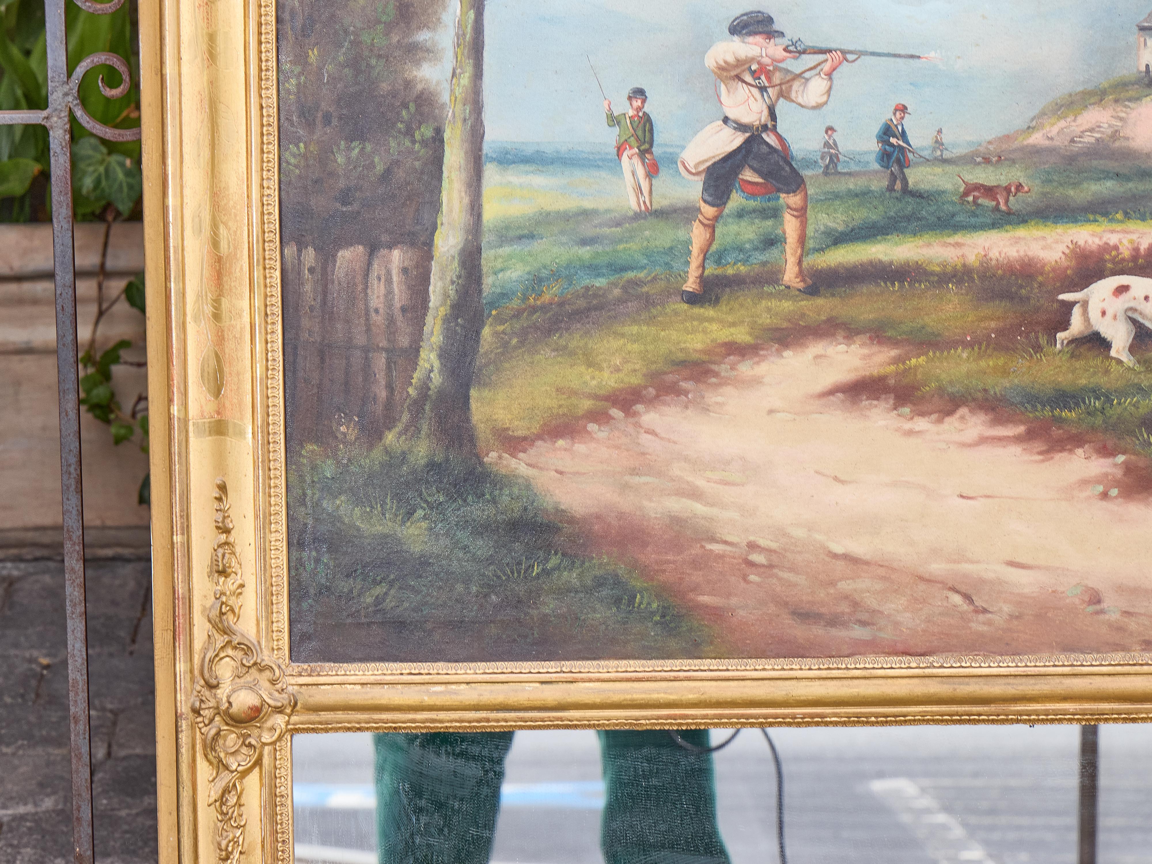 Tela Specchio Trumeau dorato inglese del XIX secolo con dipinto ad olio con scene di caccia in vendita