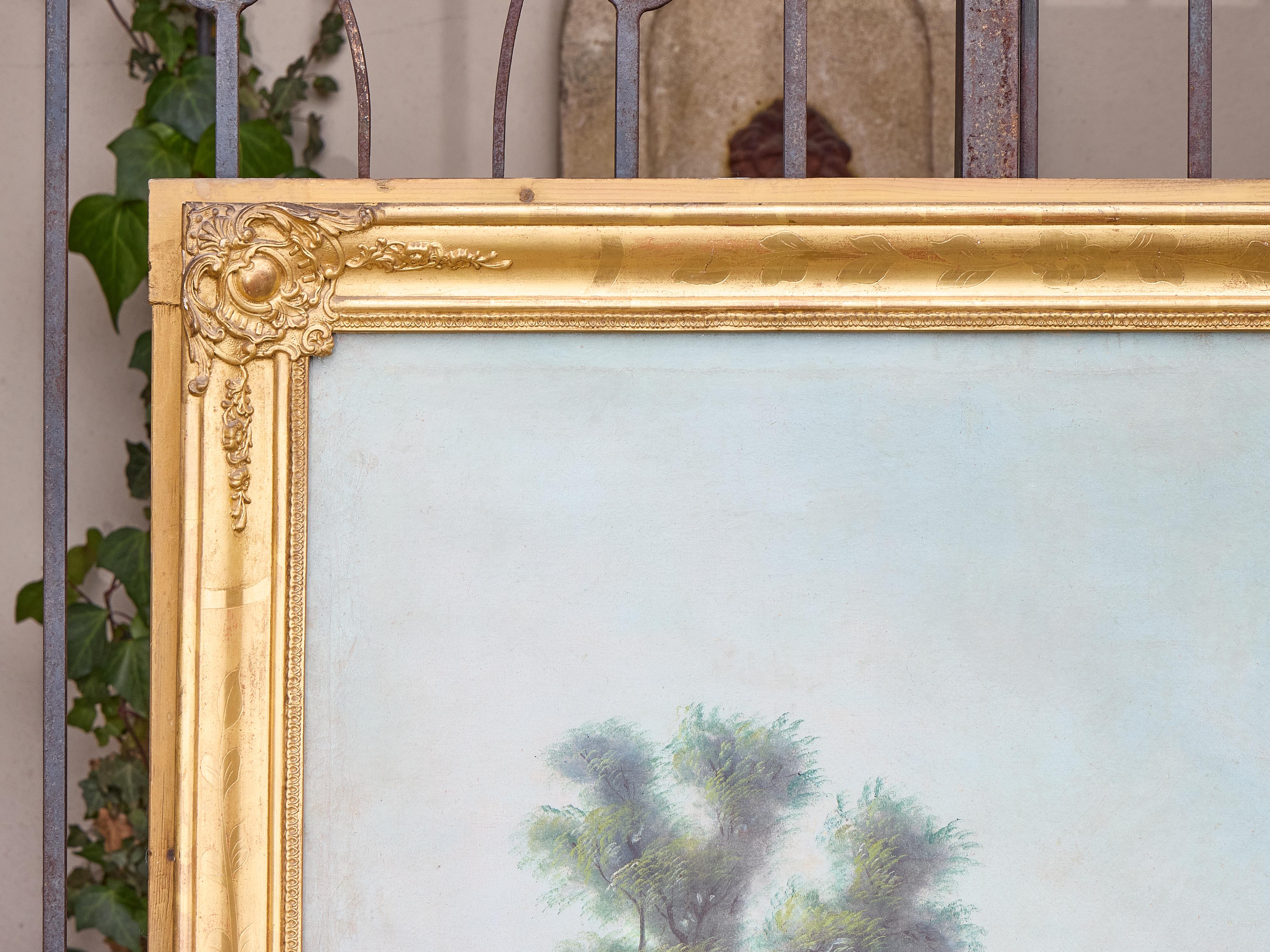 Specchio Trumeau dorato inglese del XIX secolo con dipinto ad olio con scene di caccia in vendita 1