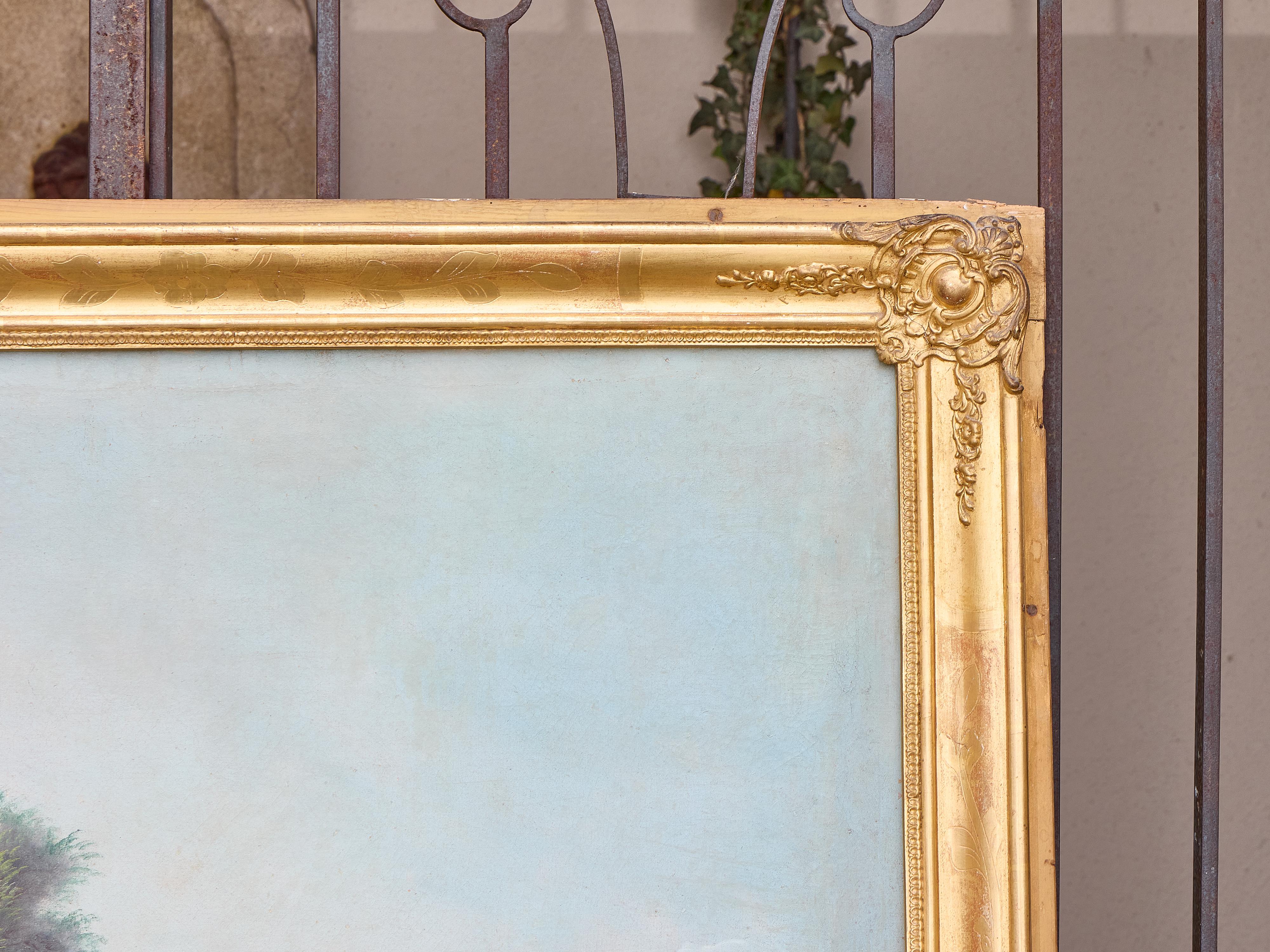 Specchio Trumeau dorato inglese del XIX secolo con dipinto ad olio con scene di caccia in vendita 2