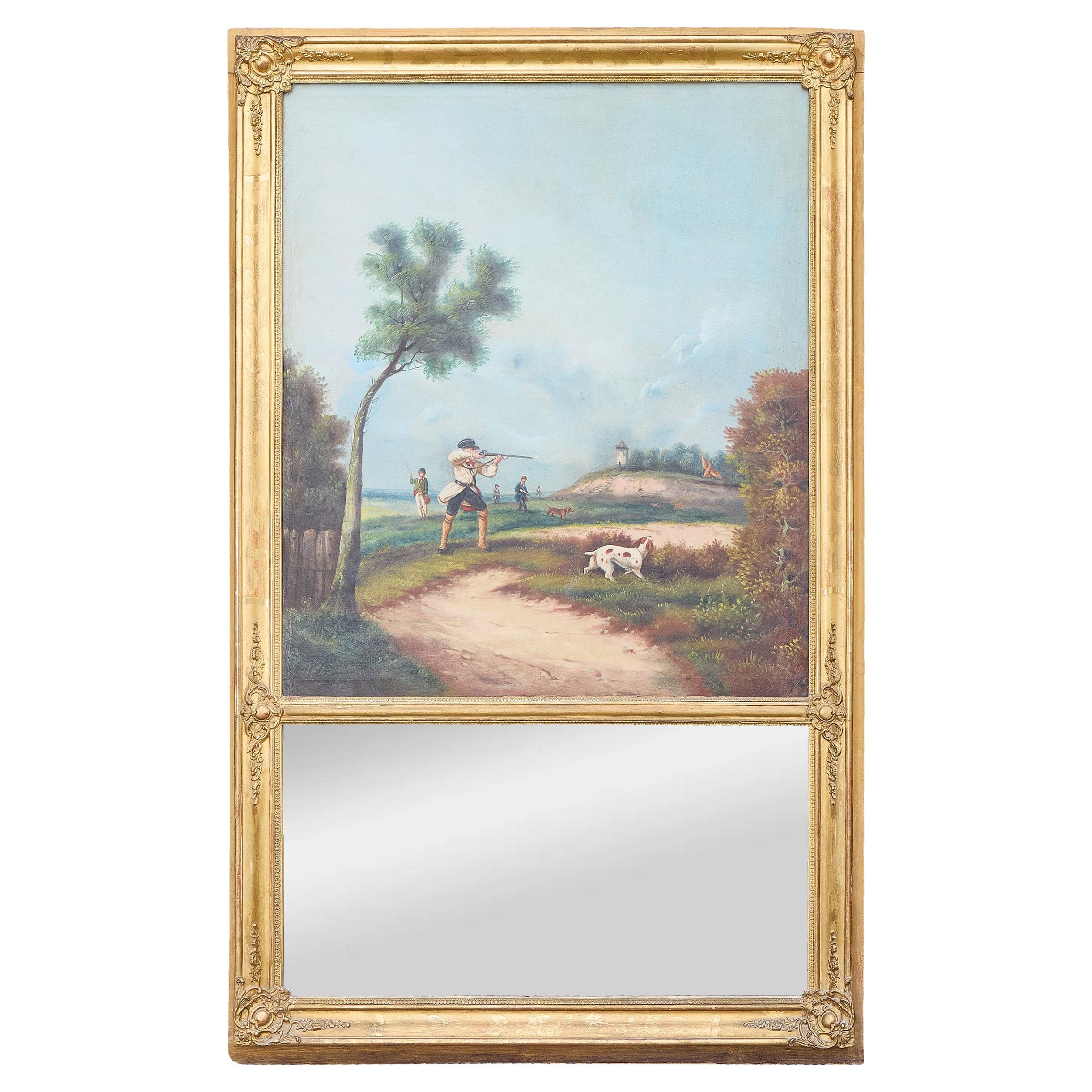 19th Century English Gilt Trumeau Mirror with Hunting Scene Oil Painting