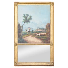 19th Century English Gilt Trumeau Mirror with Hunting Scene Oil Painting