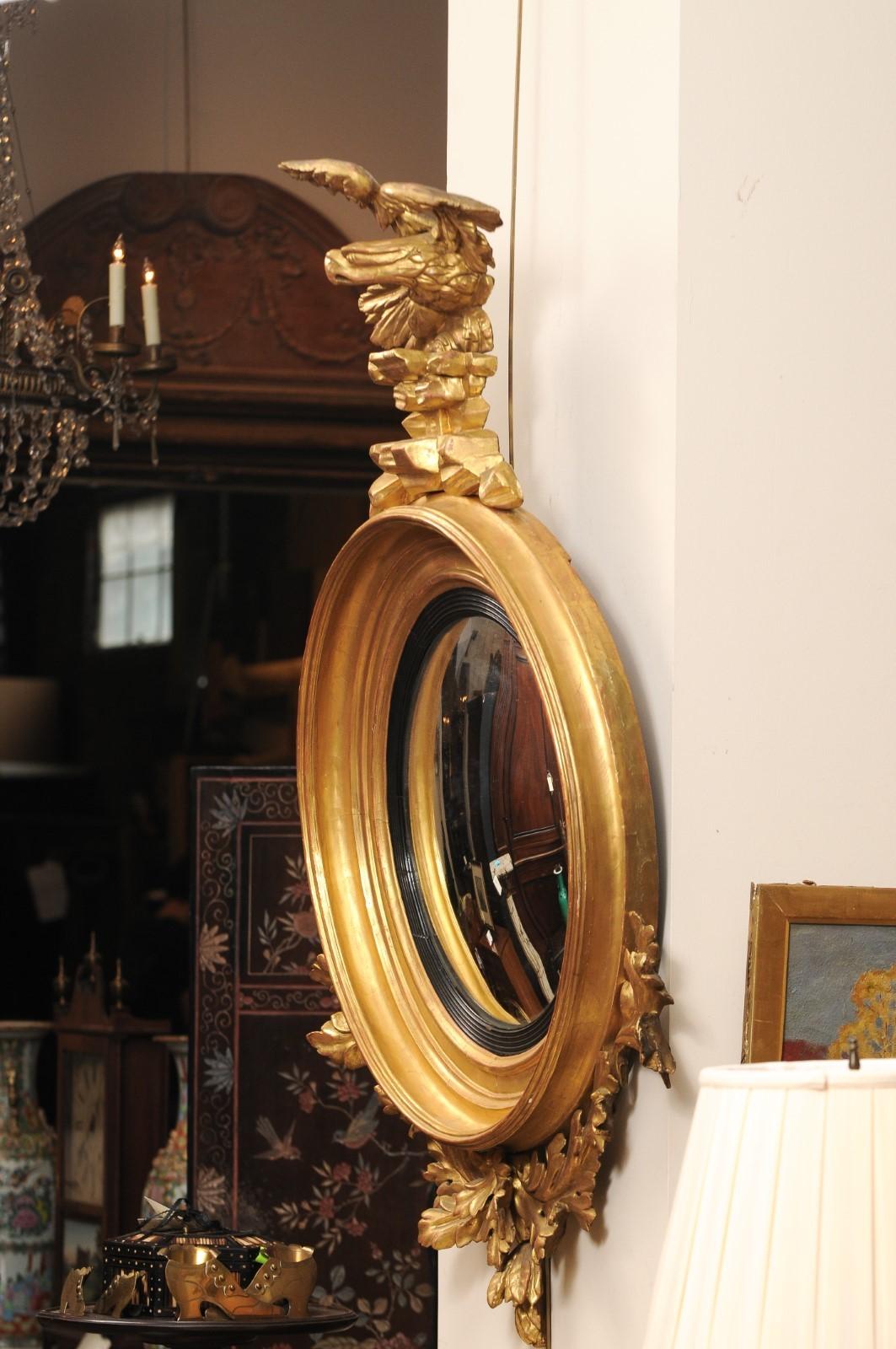  19th Century English Giltwood Bull’s Eye Mirror with Eagle Crest & Convex Mirro 6