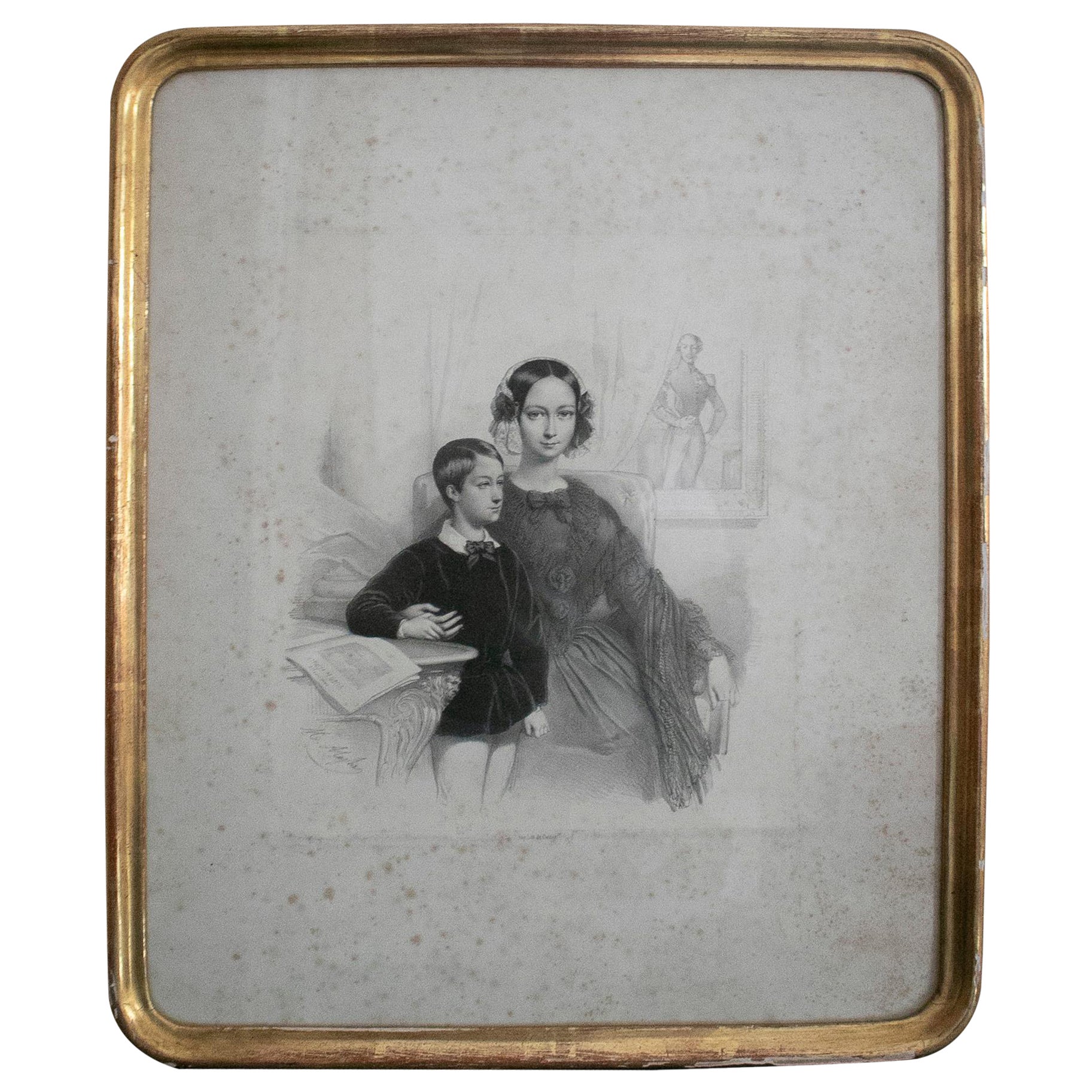 Portrait anglais du 19ème siècle avec cadre en bois doré gravé d'une mère et d'un enfant en vente