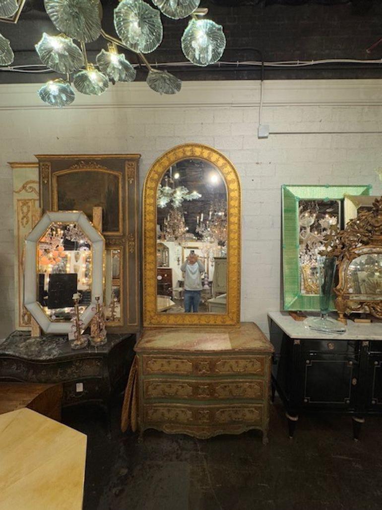 Le miroir en bois doré anglais du 19e siècle présente une forme arquée élégante et une belle patine. Cette pièce ancienne respire la sophistication et le charme, et témoigne d'un travail artisanal complexe, typique de l'époque. Parfait pour ajouter