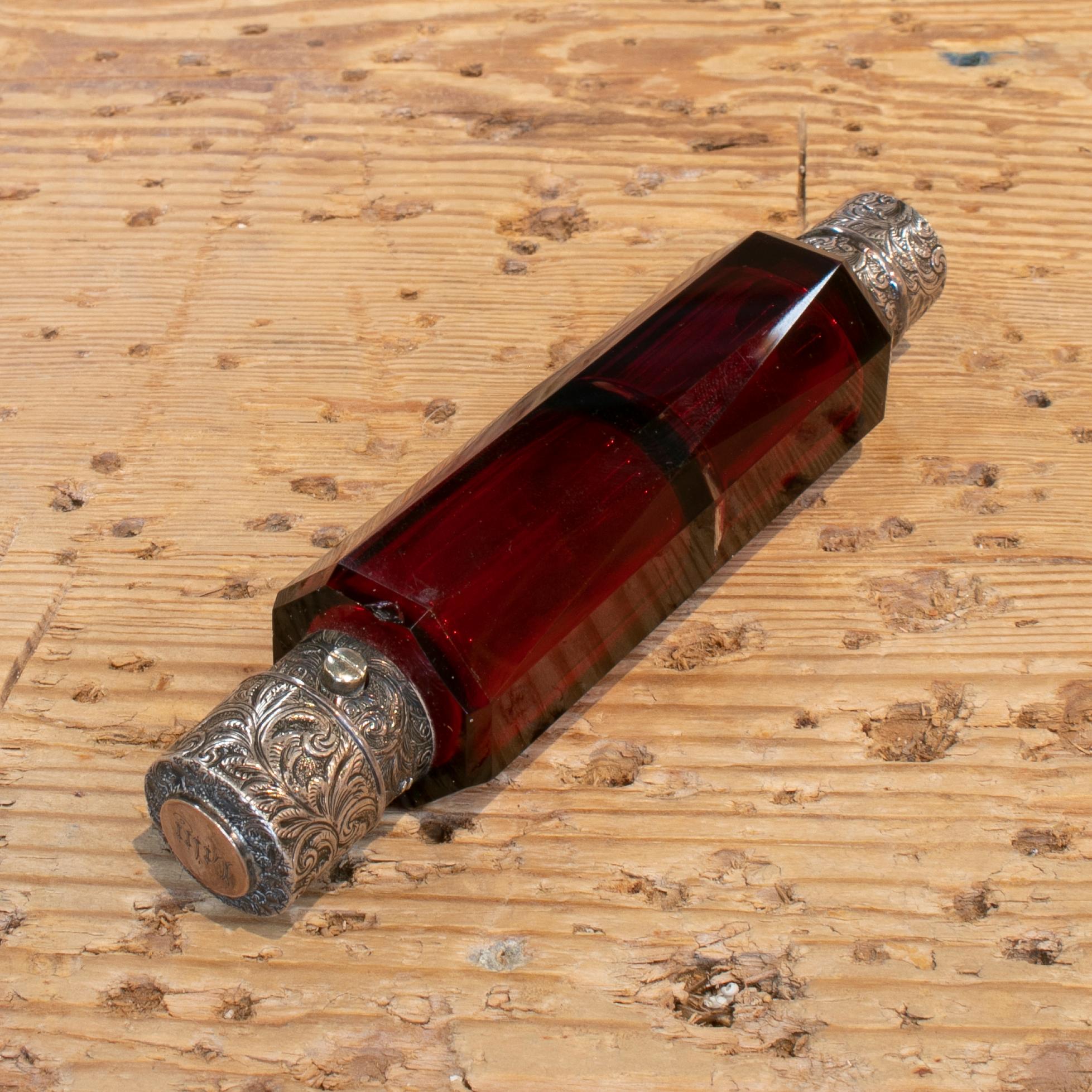 19th Century English Glass and Silver Perfume Bottle with Crown and Inscription For Sale 1