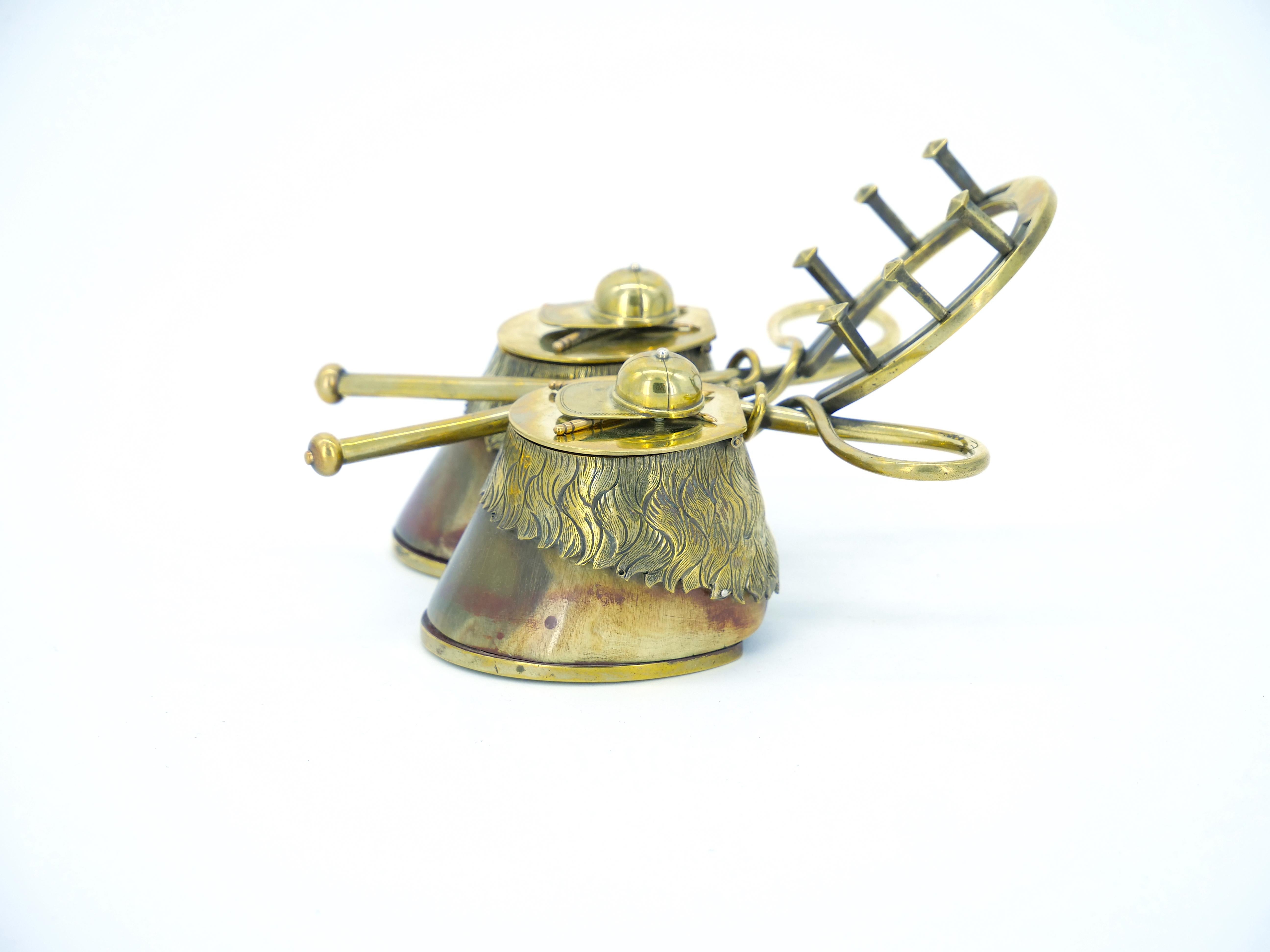 19th Century English Gold Washed Sheffield Silverplate Equestrian Themed Inkwell For Sale 1