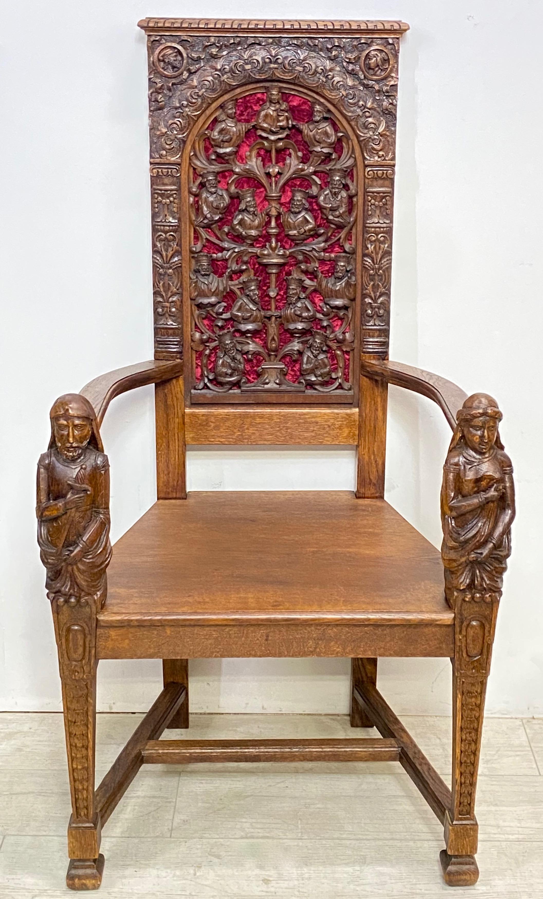 19th Century English Gothic Revival Carved Oak Armchair In Good Condition In San Francisco, CA