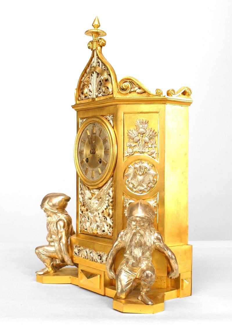 Metal Gothic Revival Gilt Mantel Clock For Sale