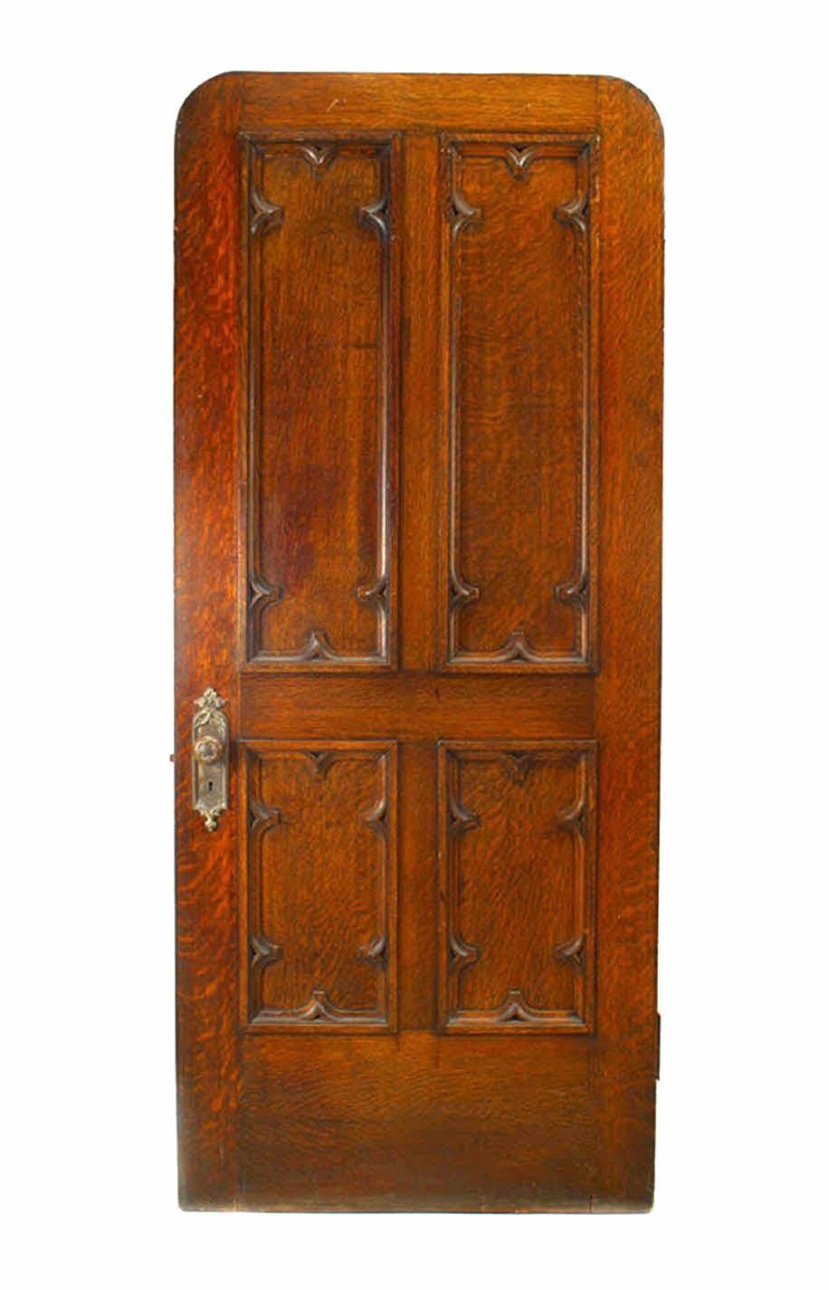 English Gothic Revival style oak carved door with four wood panels (19th century)