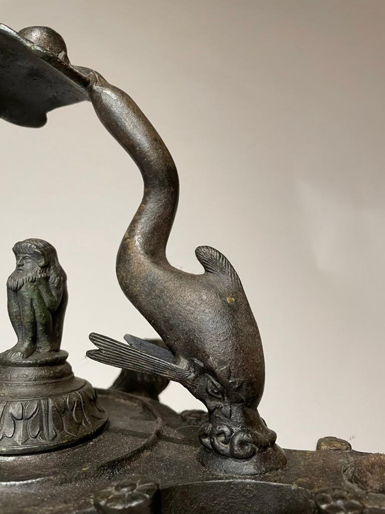 Cast 19th Century English Grand Tour Roman Bronze Oil Lamp with Dolphins and Lions For Sale