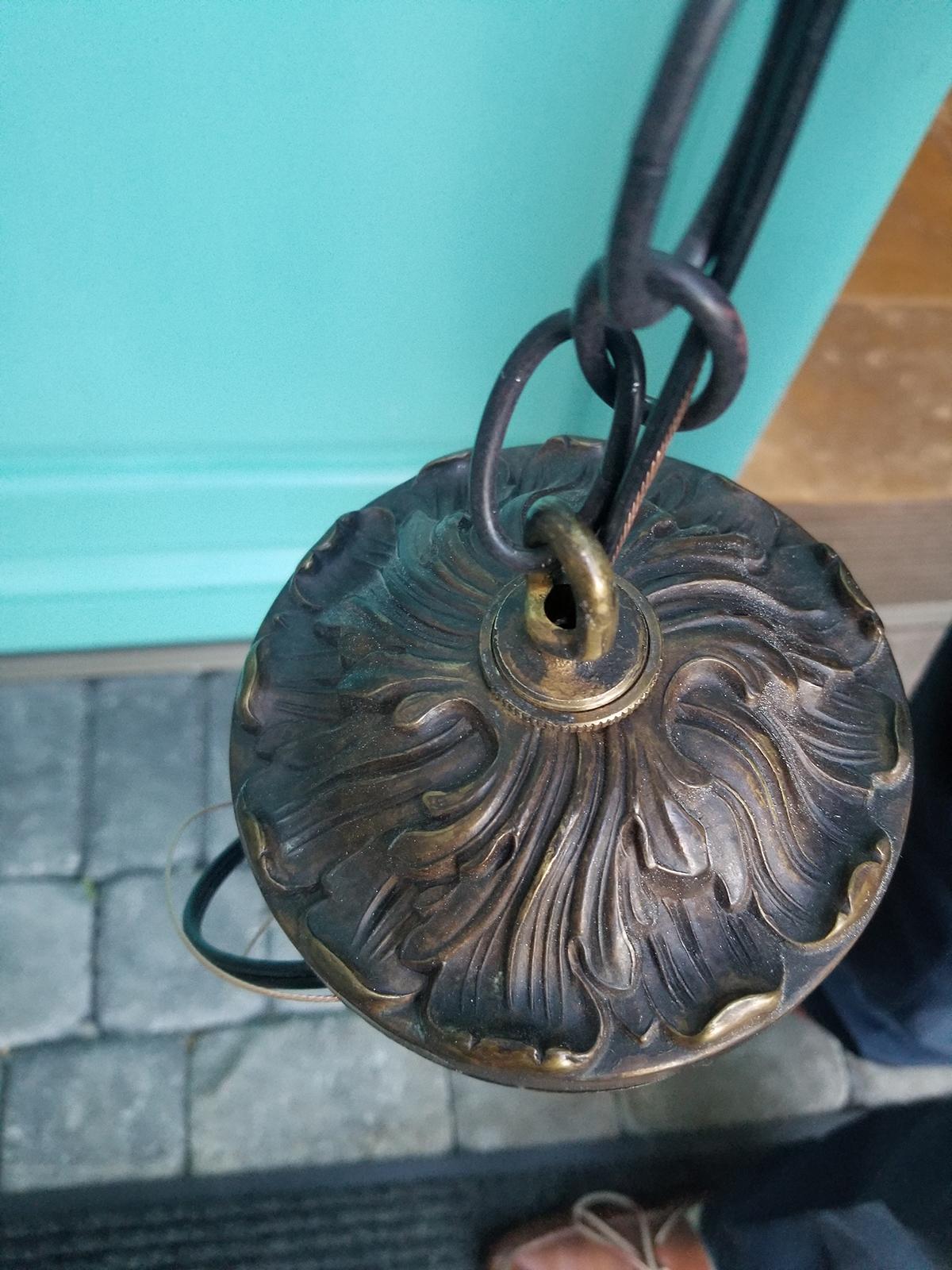 19th Century English Green Glass Bell Jar Lantern with Smoke Bell, Handblown 6