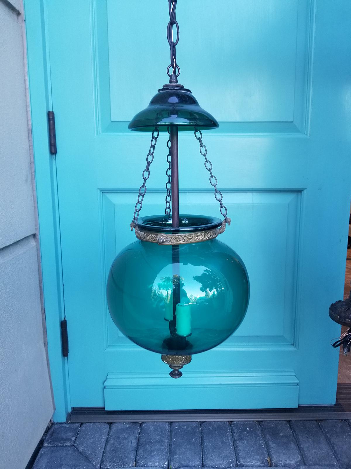 19th Century English Green Glass Bell Jar Lantern with Smoke Bell, Handblown 7