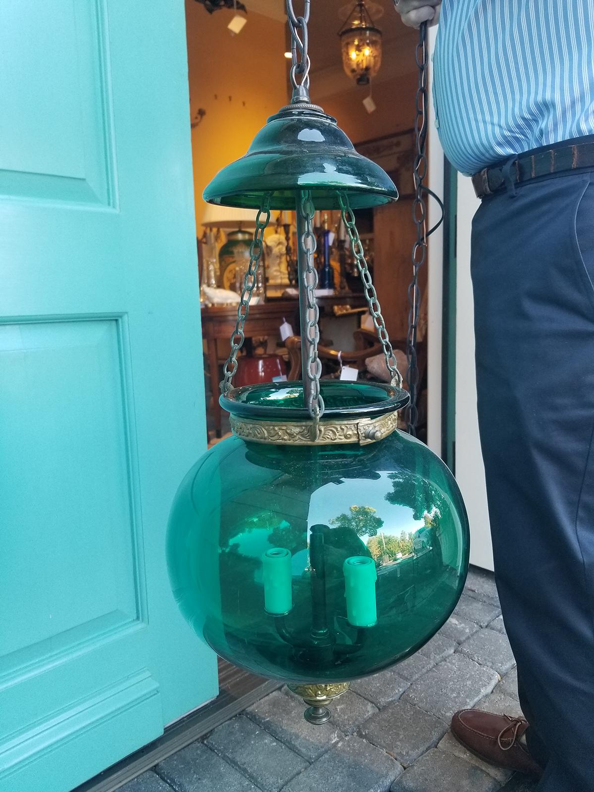 19th Century English Green Glass Bell Jar Lantern with Smoke Bell, Handblown 8