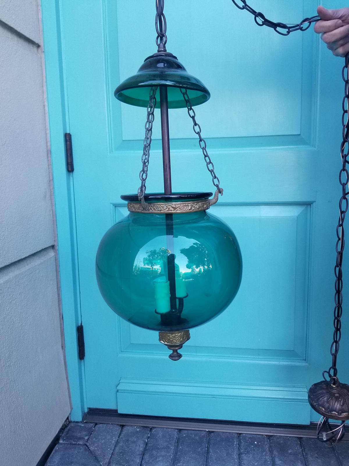 19th century English green glass bell jar lantern with smoke bell, handblown.