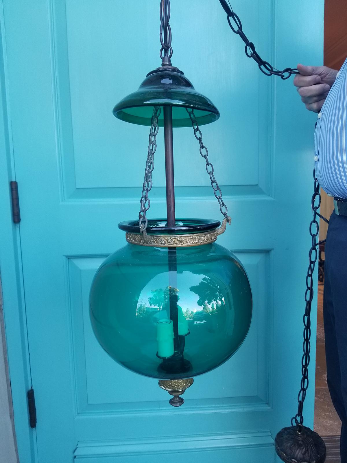 19th Century English Green Glass Bell Jar Lantern with Smoke Bell, Handblown In Good Condition In Atlanta, GA