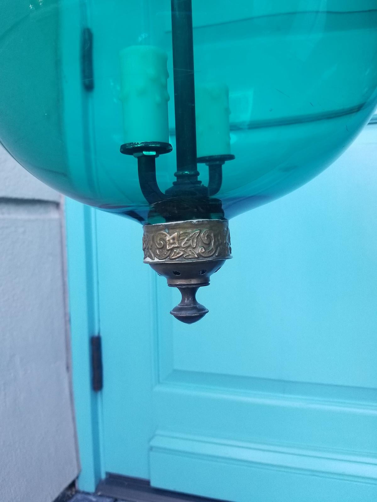 Blown Glass 19th Century English Green Glass Bell Jar Lantern with Smoke Bell, Handblown