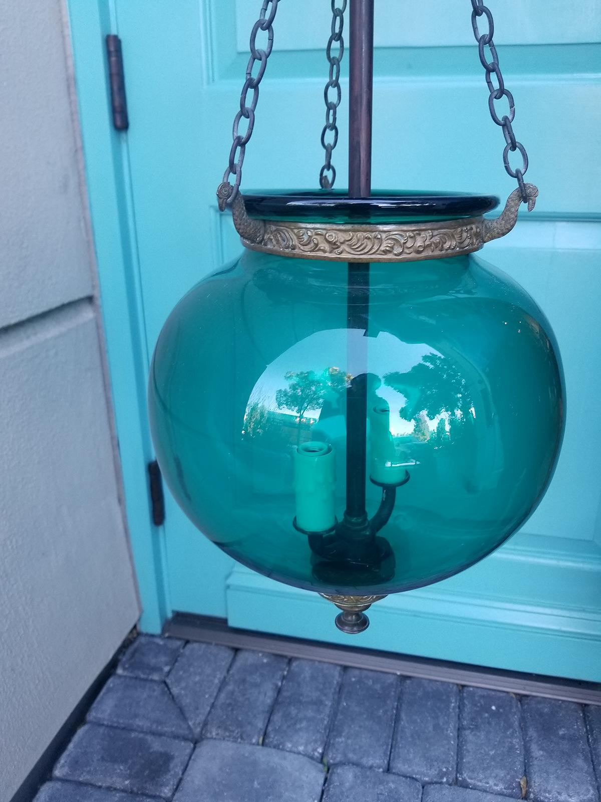 19th Century English Green Glass Bell Jar Lantern with Smoke Bell, Handblown 1