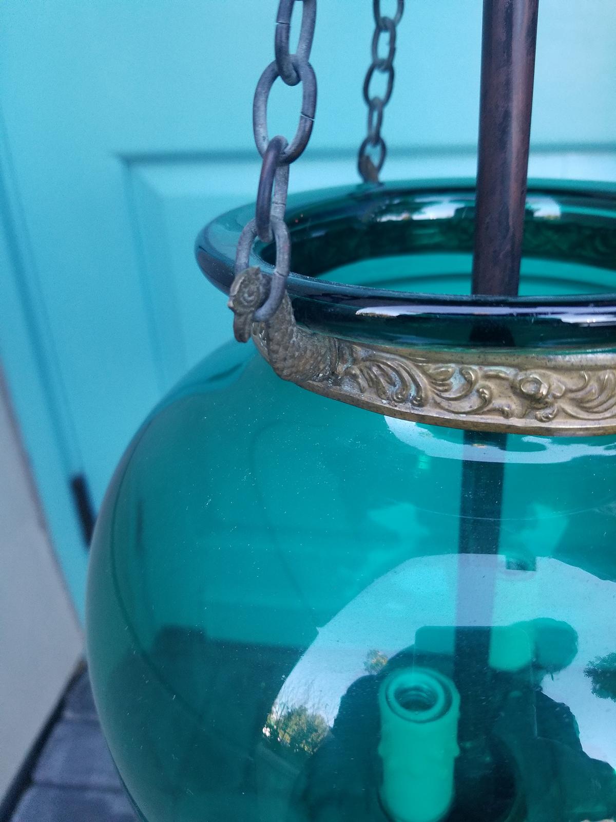 19th Century English Green Glass Bell Jar Lantern with Smoke Bell, Handblown 2