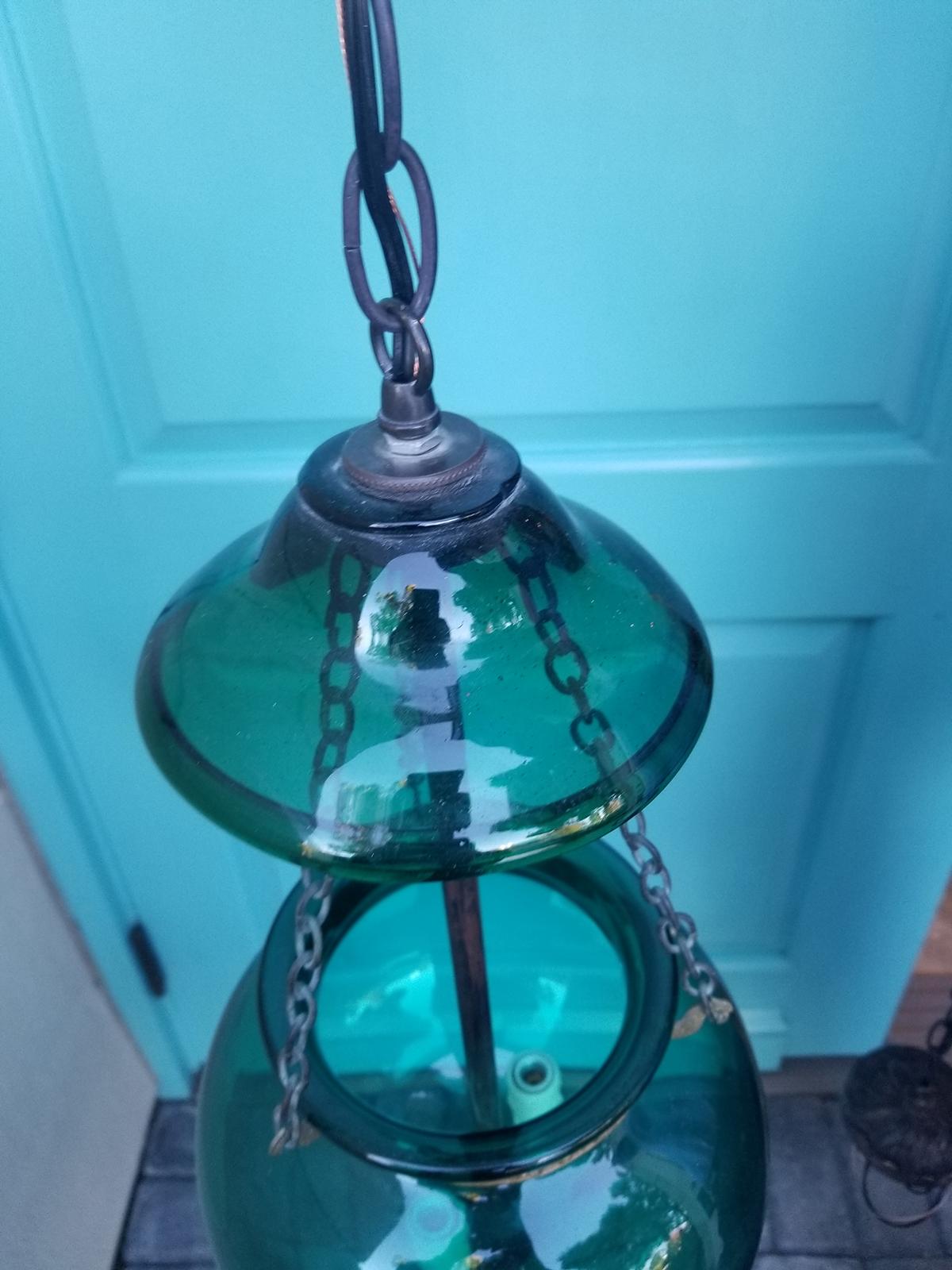 19th Century English Green Glass Bell Jar Lantern with Smoke Bell, Handblown 3
